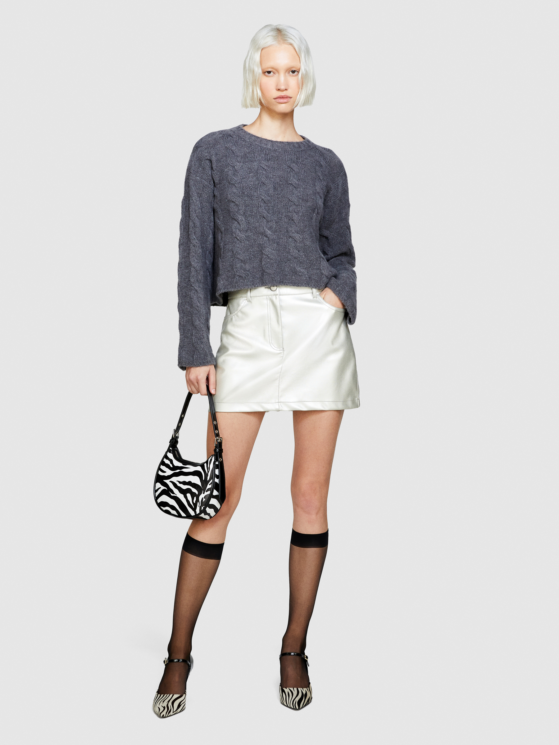 Sisley - Cropped Sweater With Cables, Woman, Dark Gray, Size: S