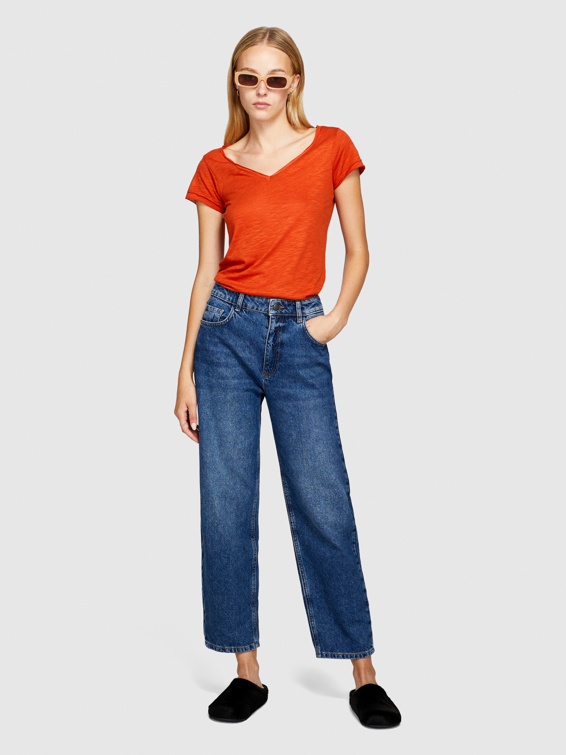 Sisley - V-neck T-shirt With Raw Cut, Woman, Orange, Size: M