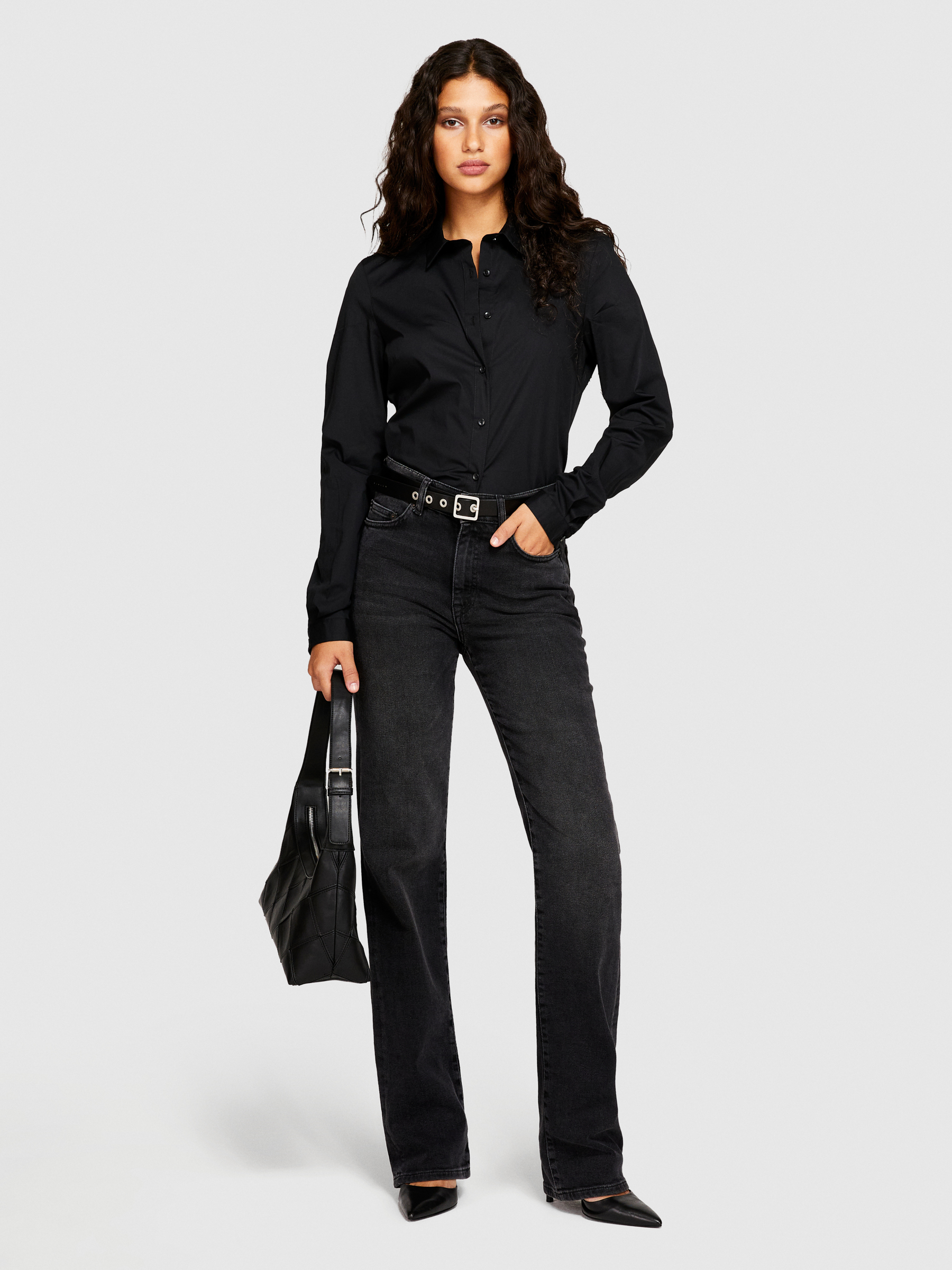 Sisley - Slim Fit Shirt, Woman, Black, Size: XS