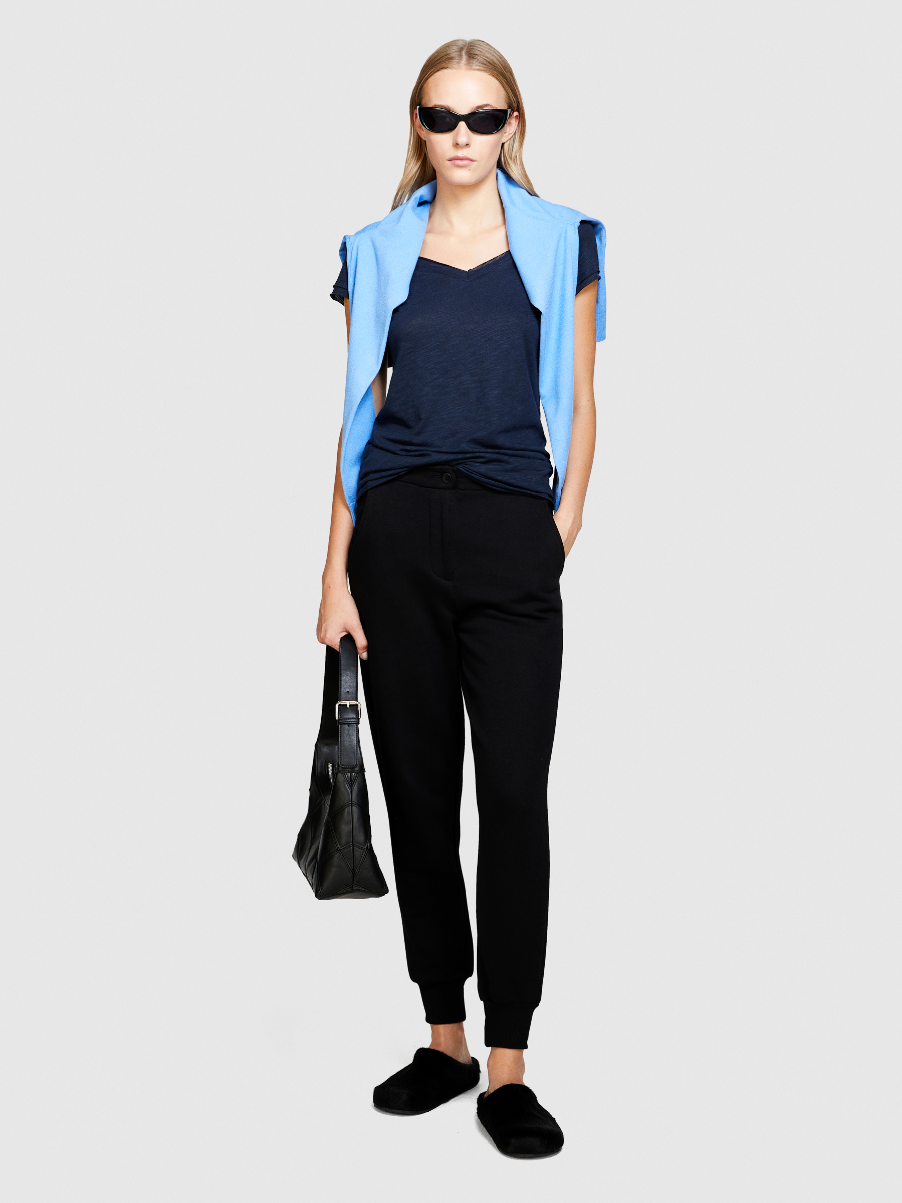 Sisley - V-neck T-shirt With Raw Cut, Woman, Dark Blue, Size: L