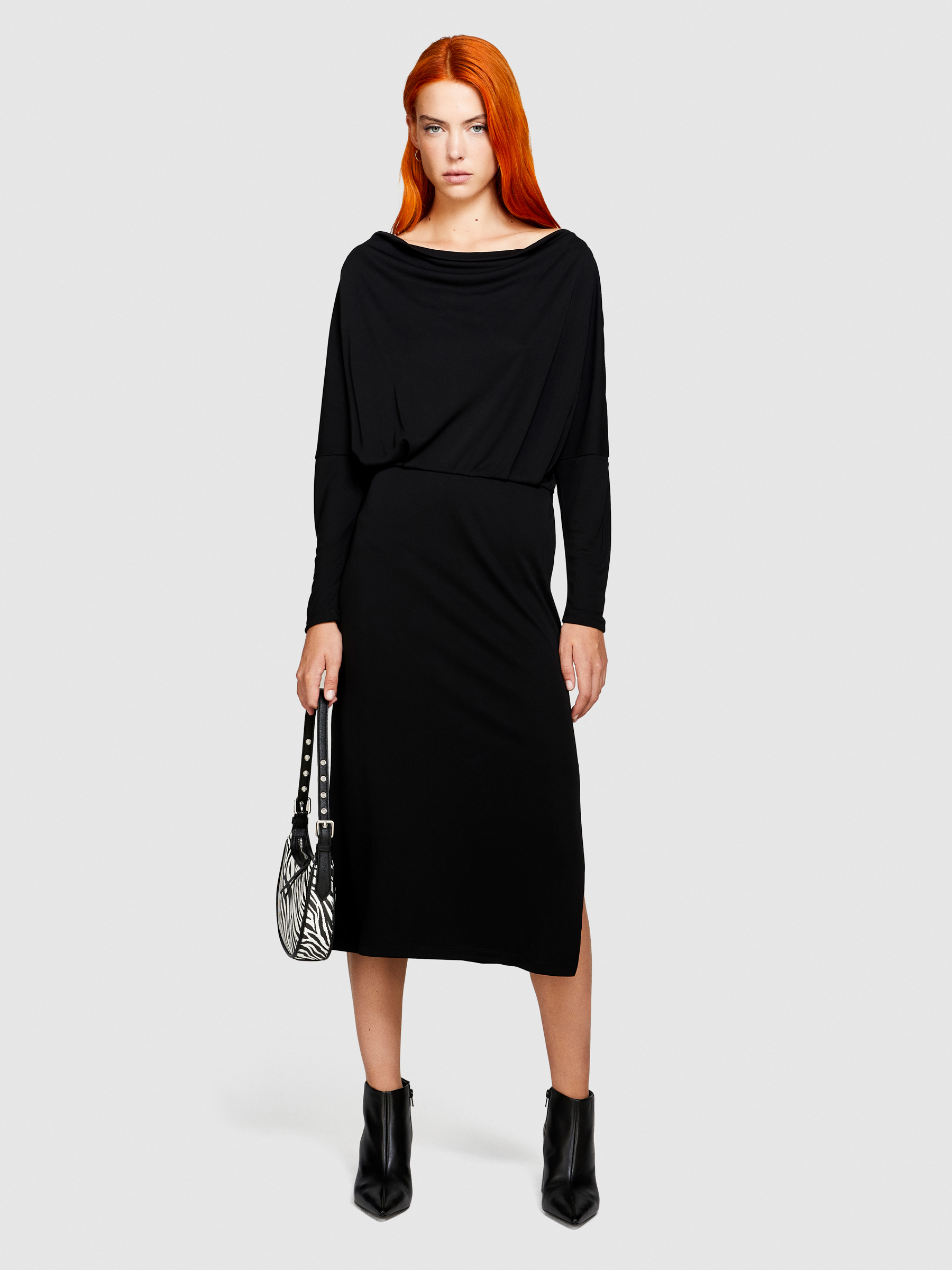 Sisley - Midi Dress With Slit, Woman, Black, Size: XS