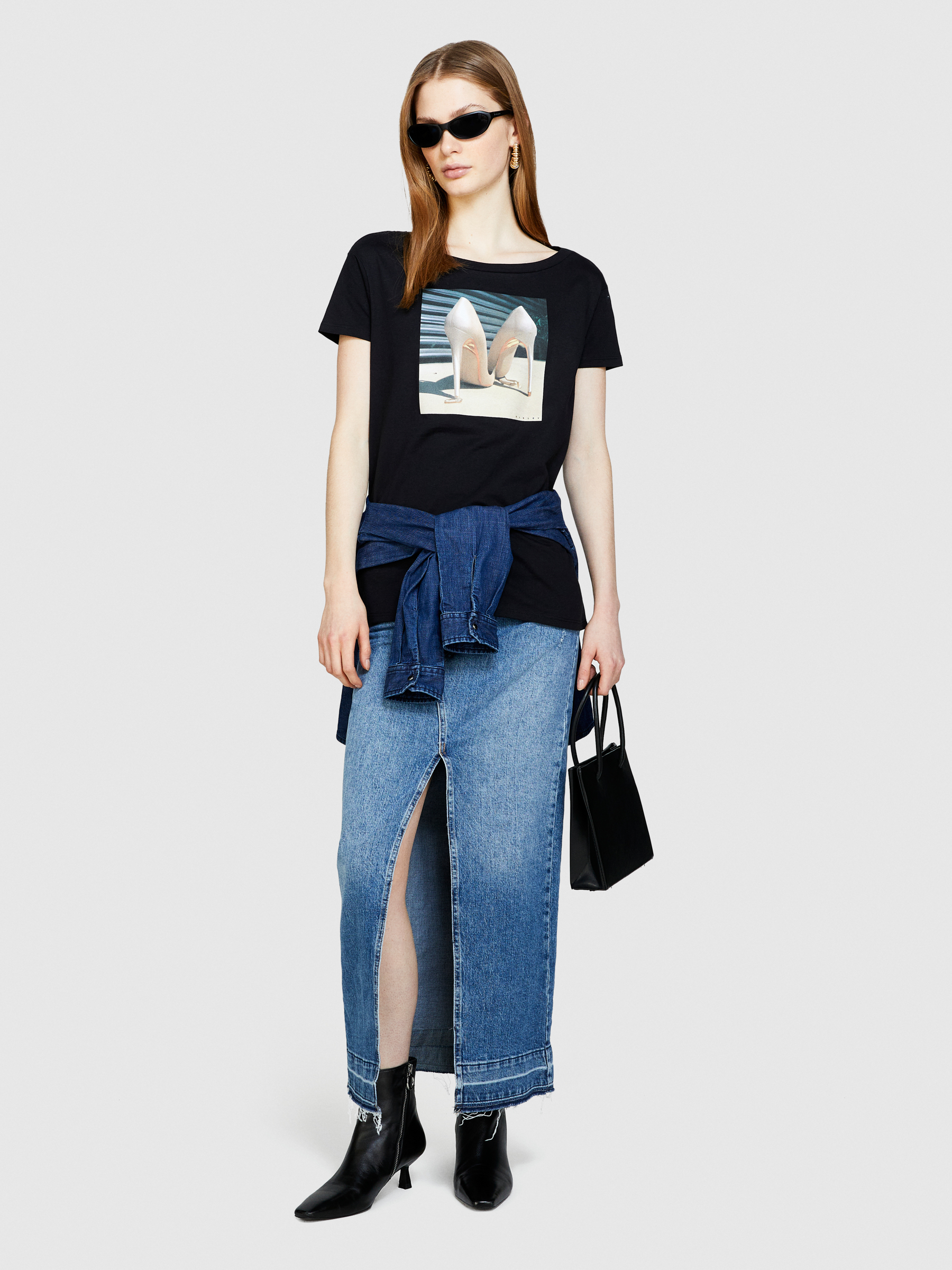 Sisley - T-shirt With Print, Woman, Black, Size: L