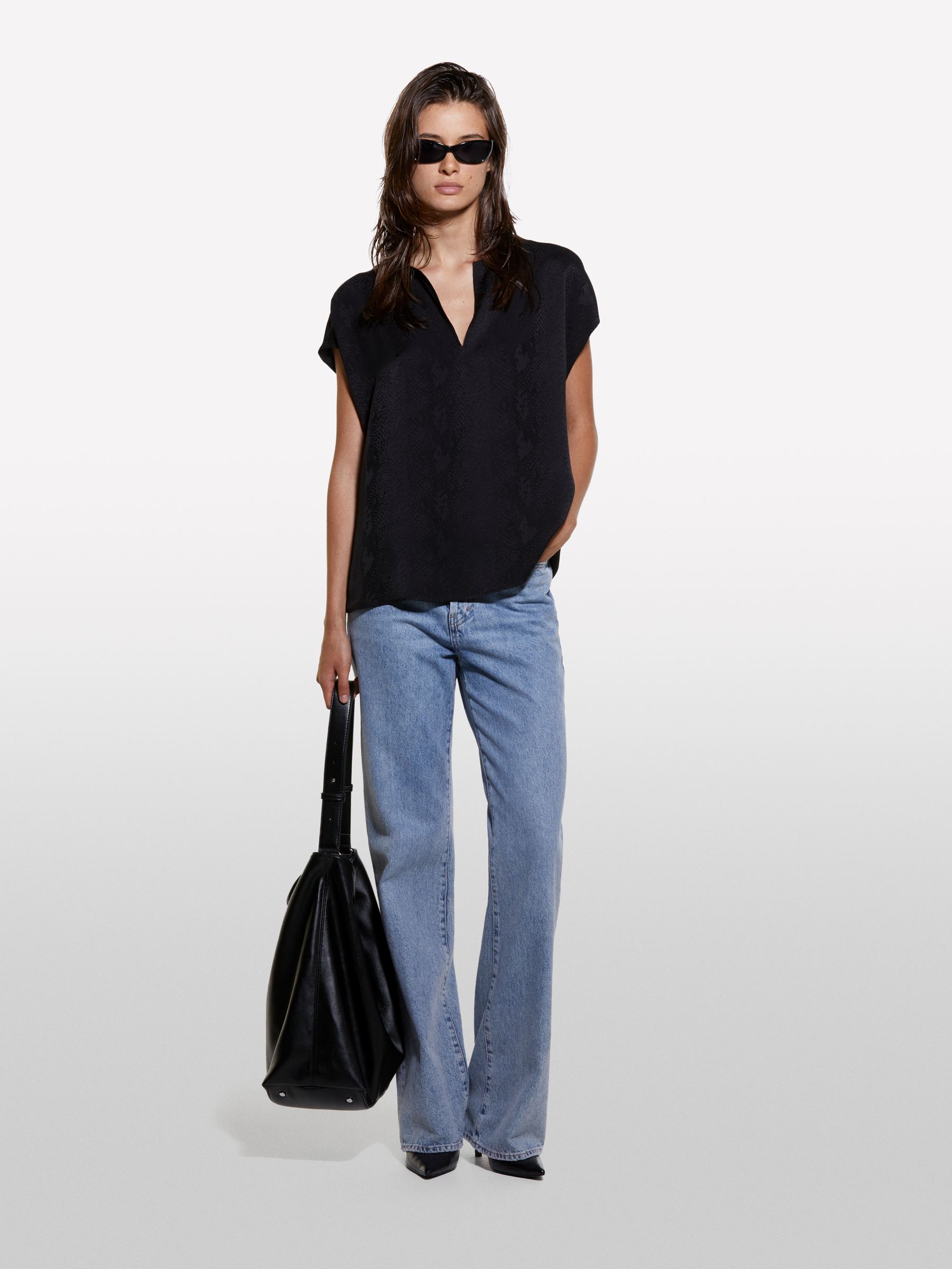 Sisley - Blouse Jacquard Noire, Femme, Noir, Taille: XS