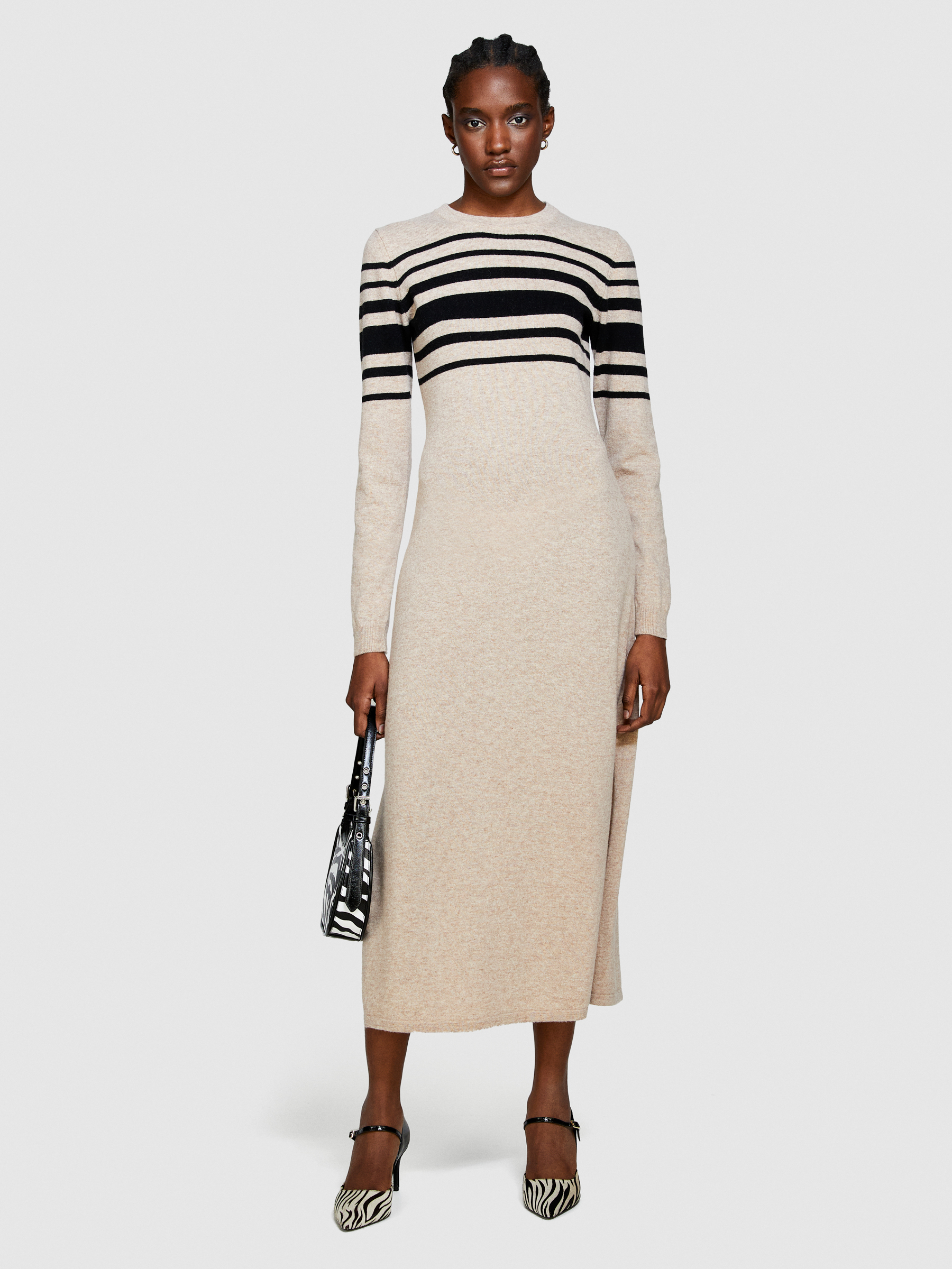 Sisley - Knit Dress With Stripes, Woman, Beige, Size: S