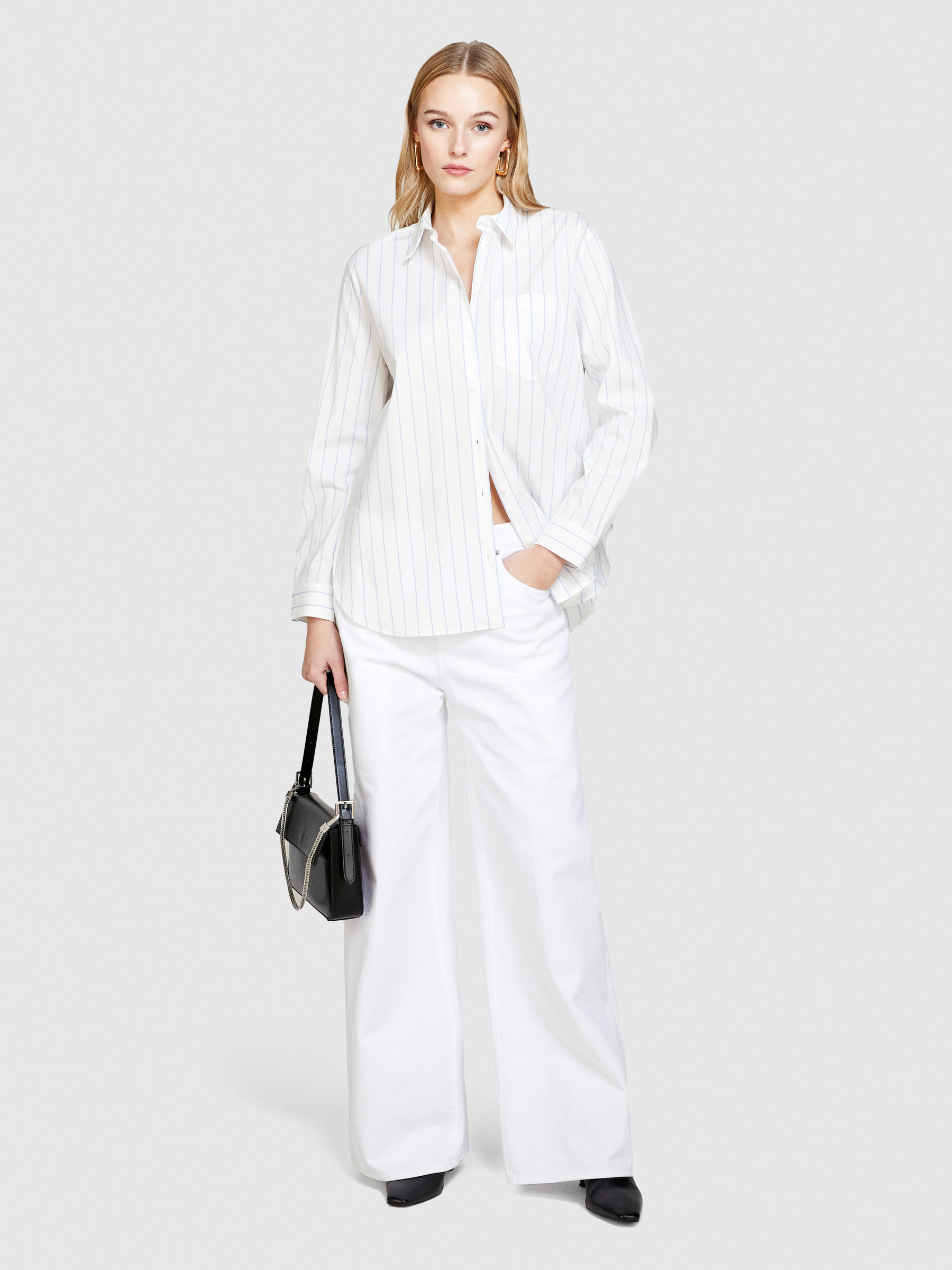 Sisley - Striped Comfort Fit Shirt, Woman, White, Size: XS