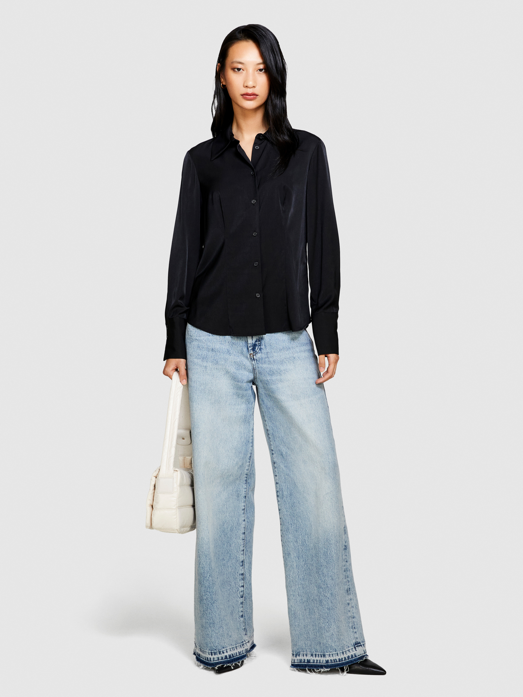 Sisley - Slim Fit Satin Shirt, Woman, Black, Size: XS