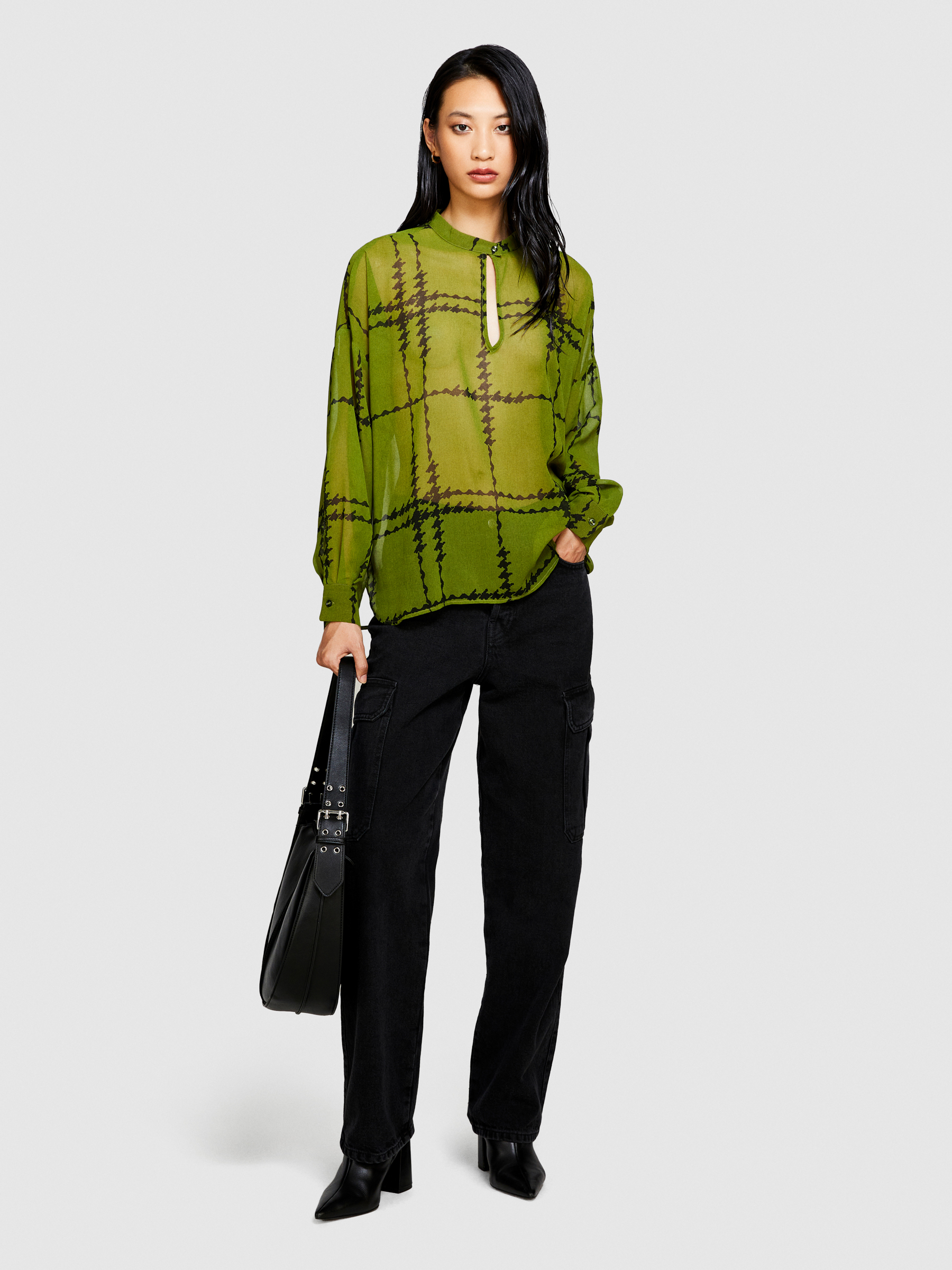 Sisley - Printed Chiffon Blouse, Woman, Olive Green, Size: XS