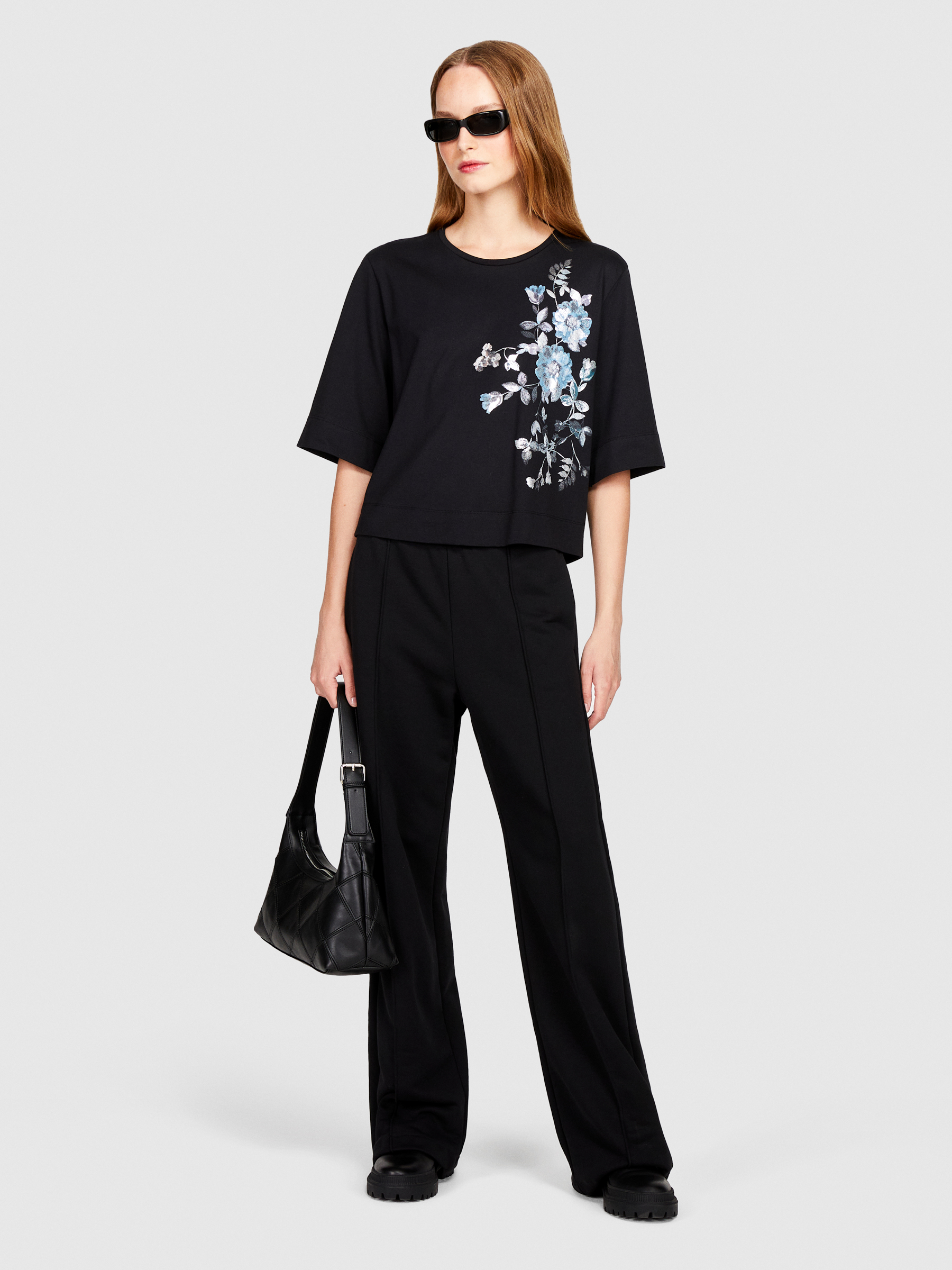 Sisley - Boxy Fit T-shirt With Foil Print, Woman, Black, Size: XS