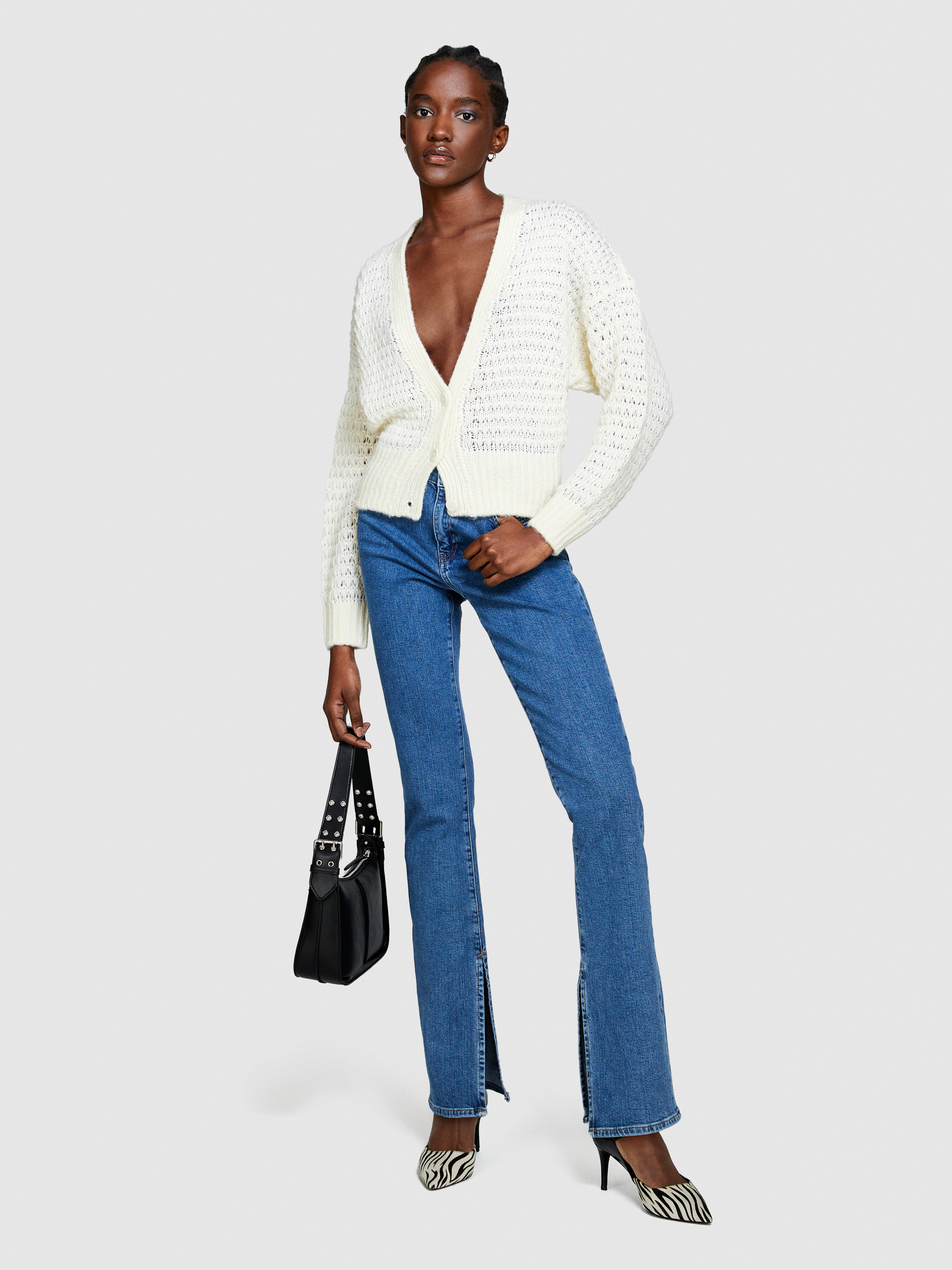 Sisley - 3d Knit Cardigan, Woman, Creamy White, Size: L