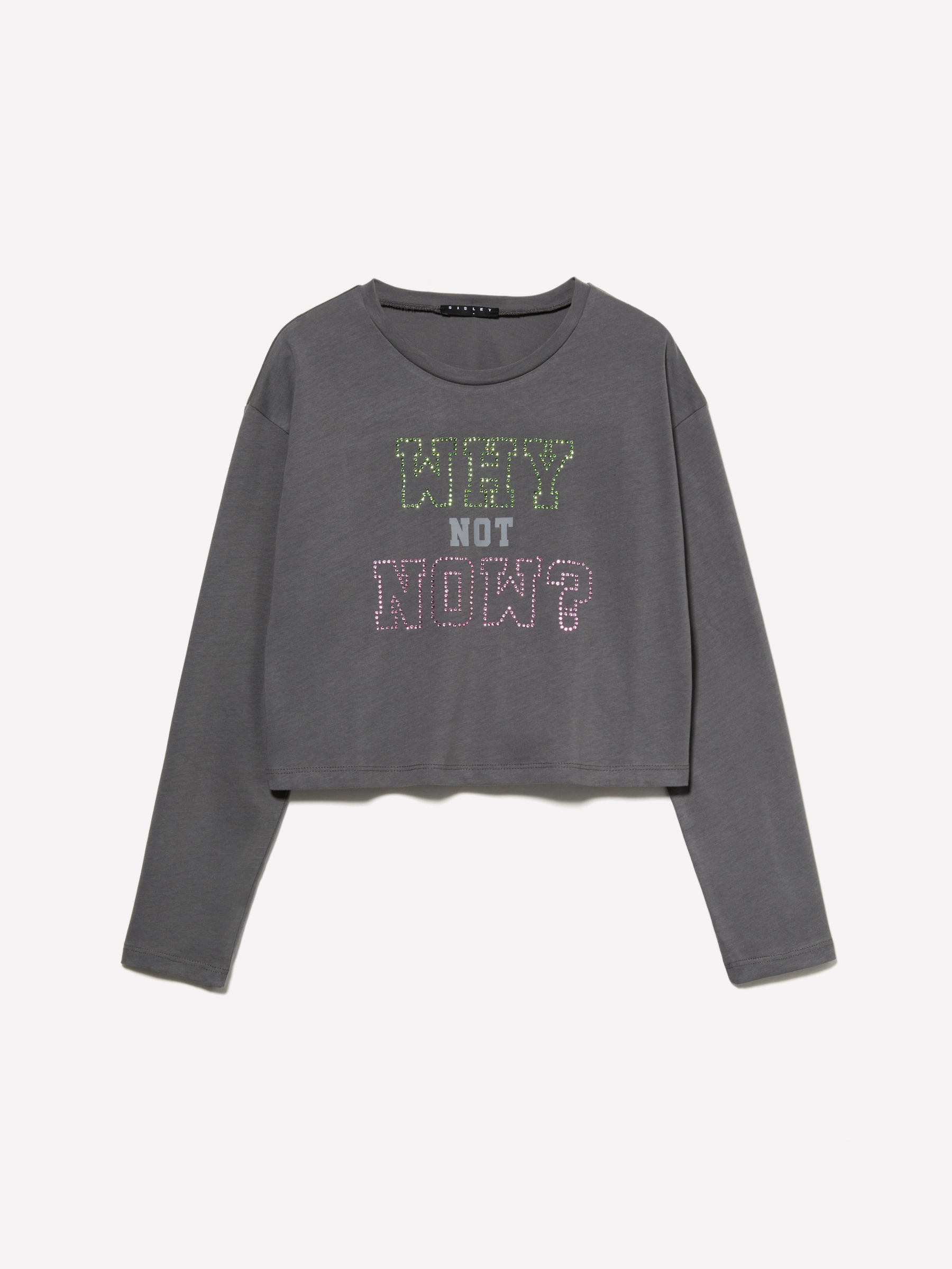 Sisley Young - T-shirt Court Gris À Strass, Femme, Gris Foncé, Taille: XS