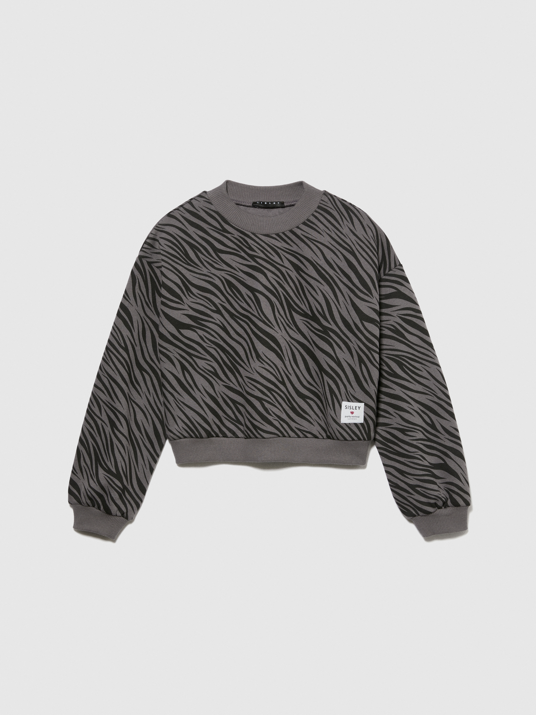 Sisley Young - Animal Pattern Cropped Sweatshirt, Woman, Dark Gray, Size: S