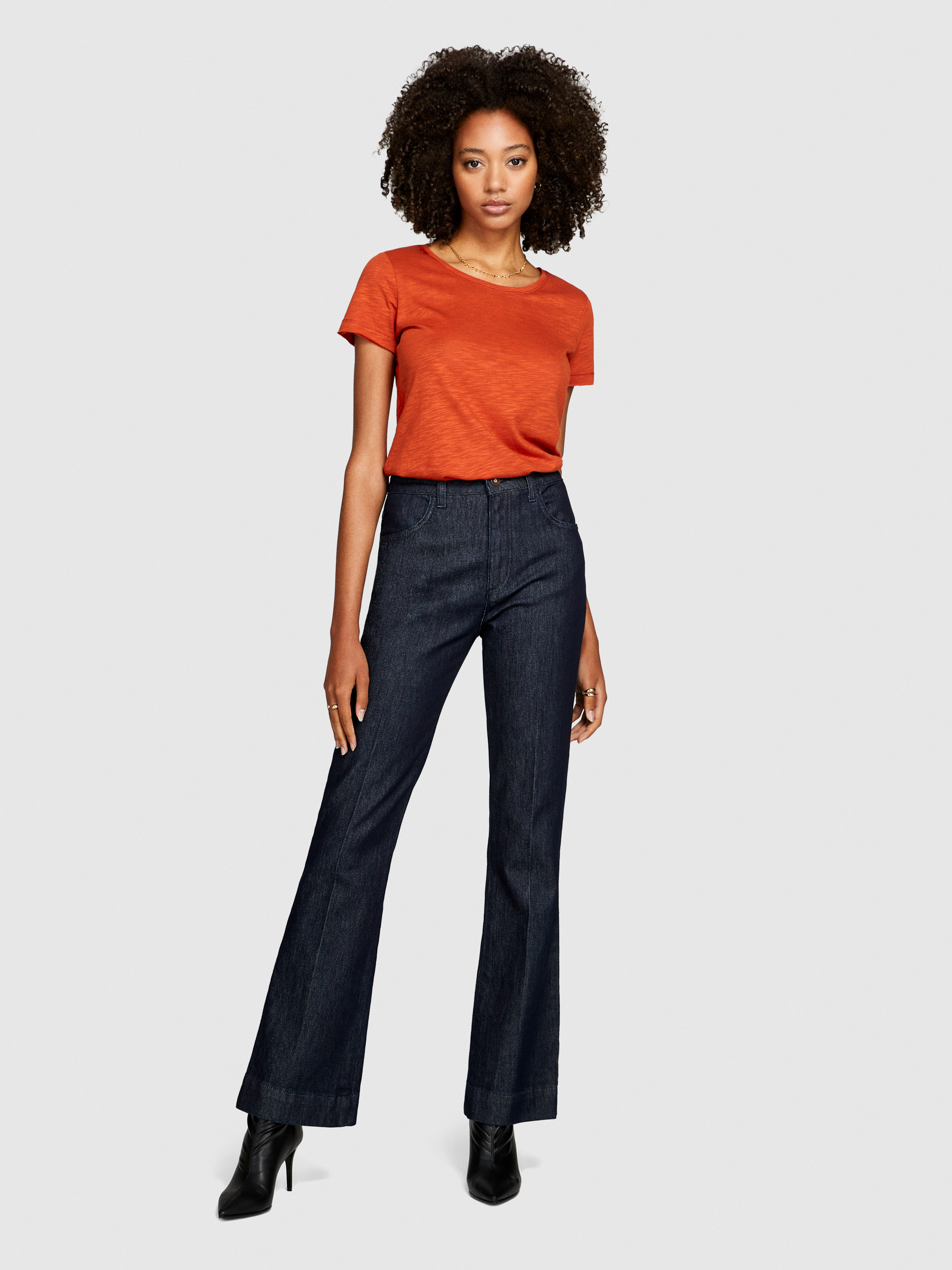 Sisley - Round Neck T-shirt With Raw Cut, Woman, Orange, Size: XS