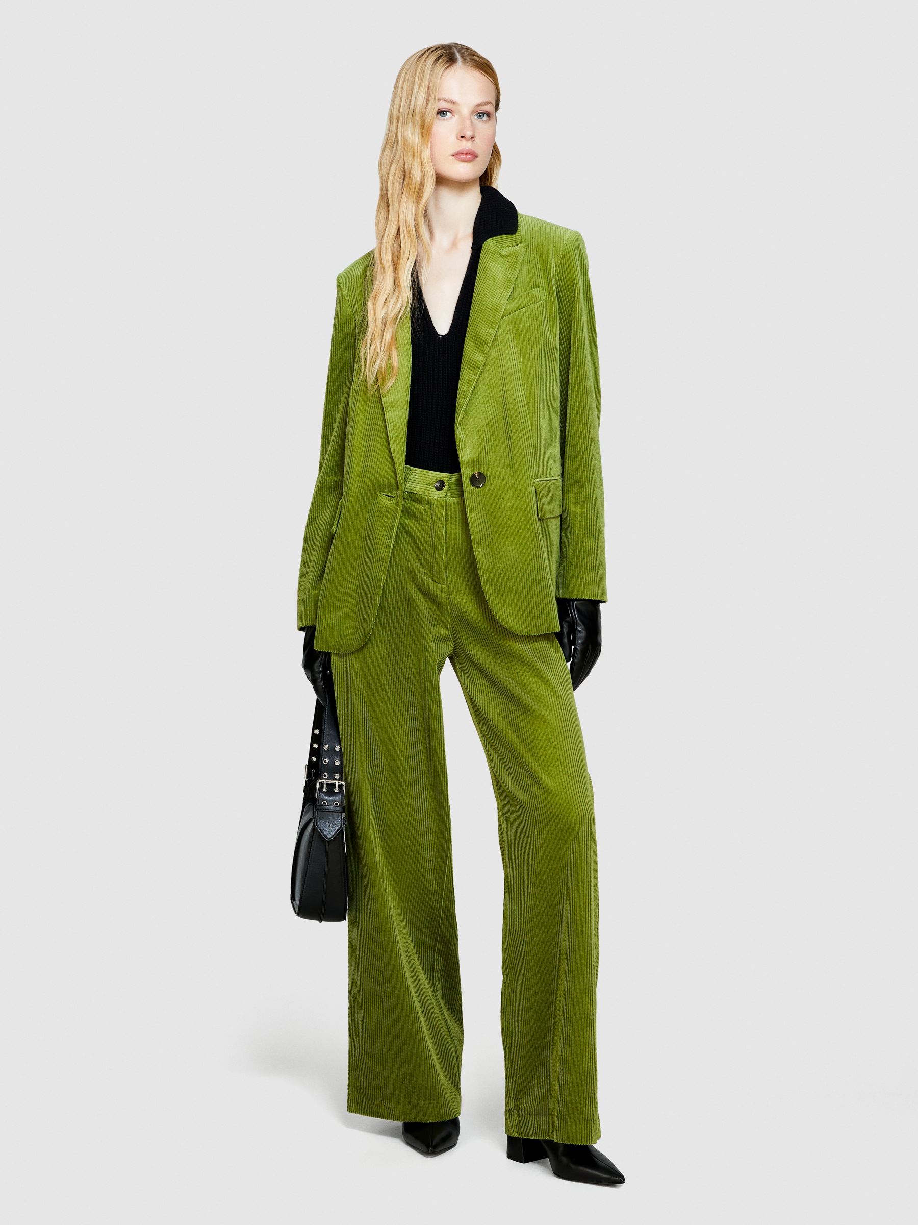 Sisley - Long Blazer In Corduroy, Woman, Olive Green, Size: 44