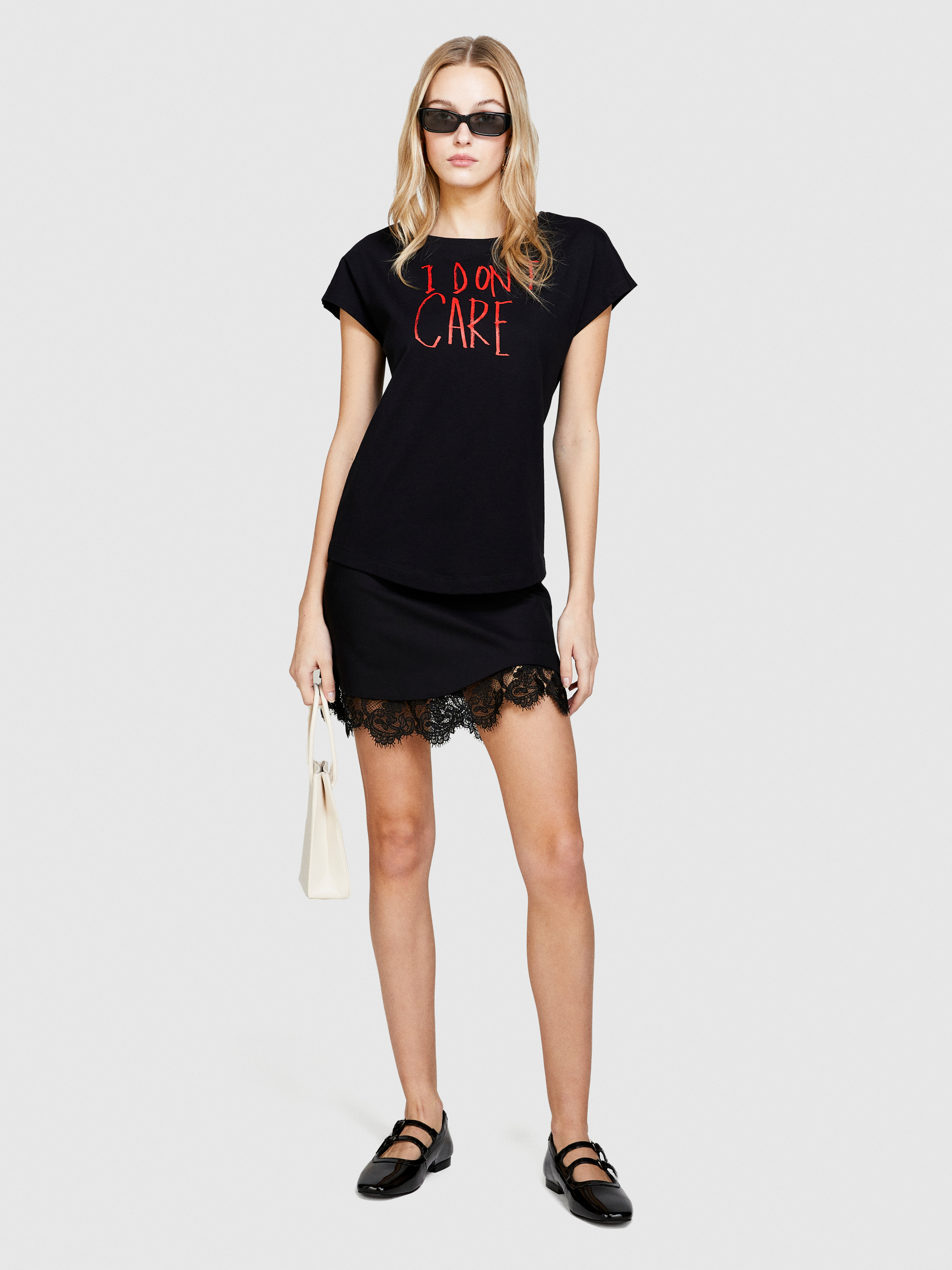 Sisley - Slim Fit Shirt With Print, Woman, Black, Size: XS