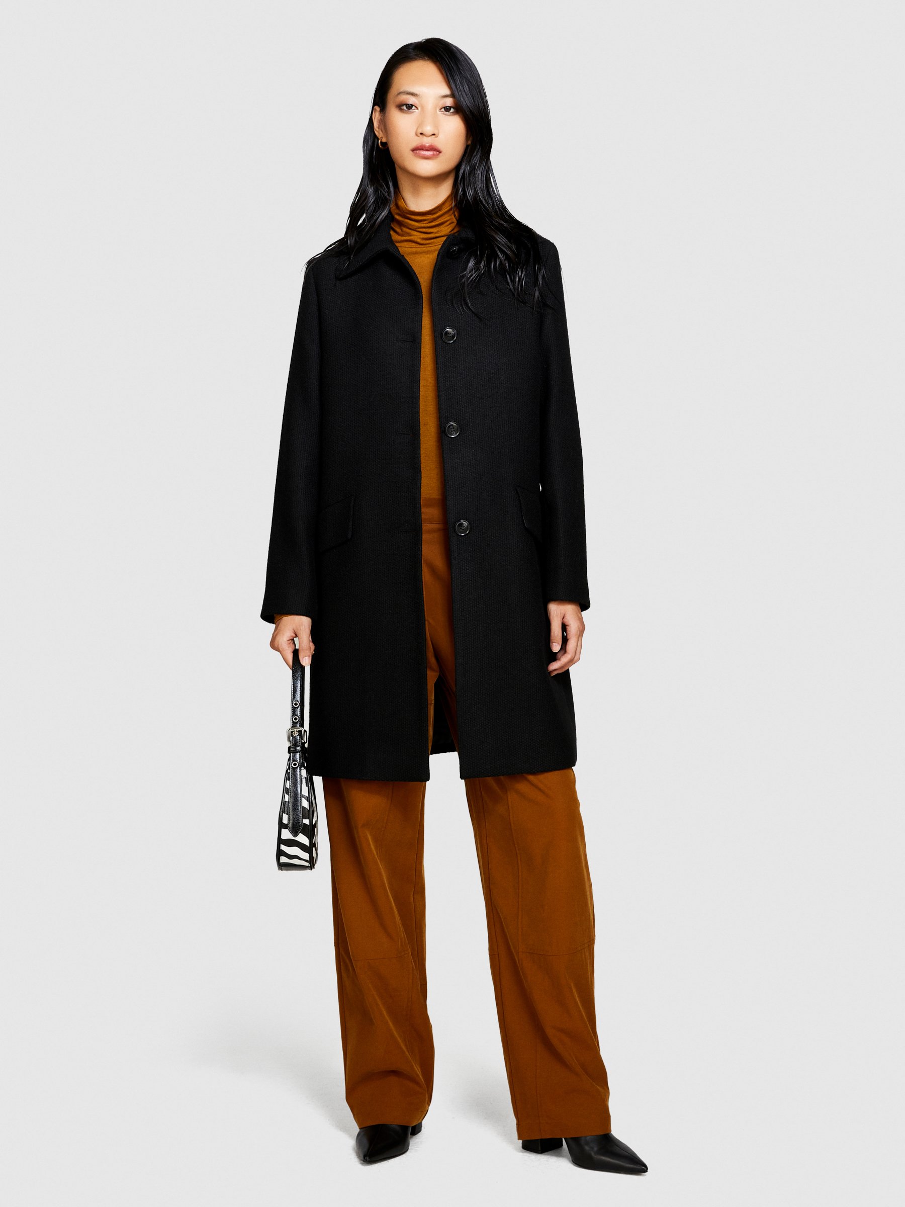 Sisley - Midi Boucle Coat, Woman, Black, Size: 48