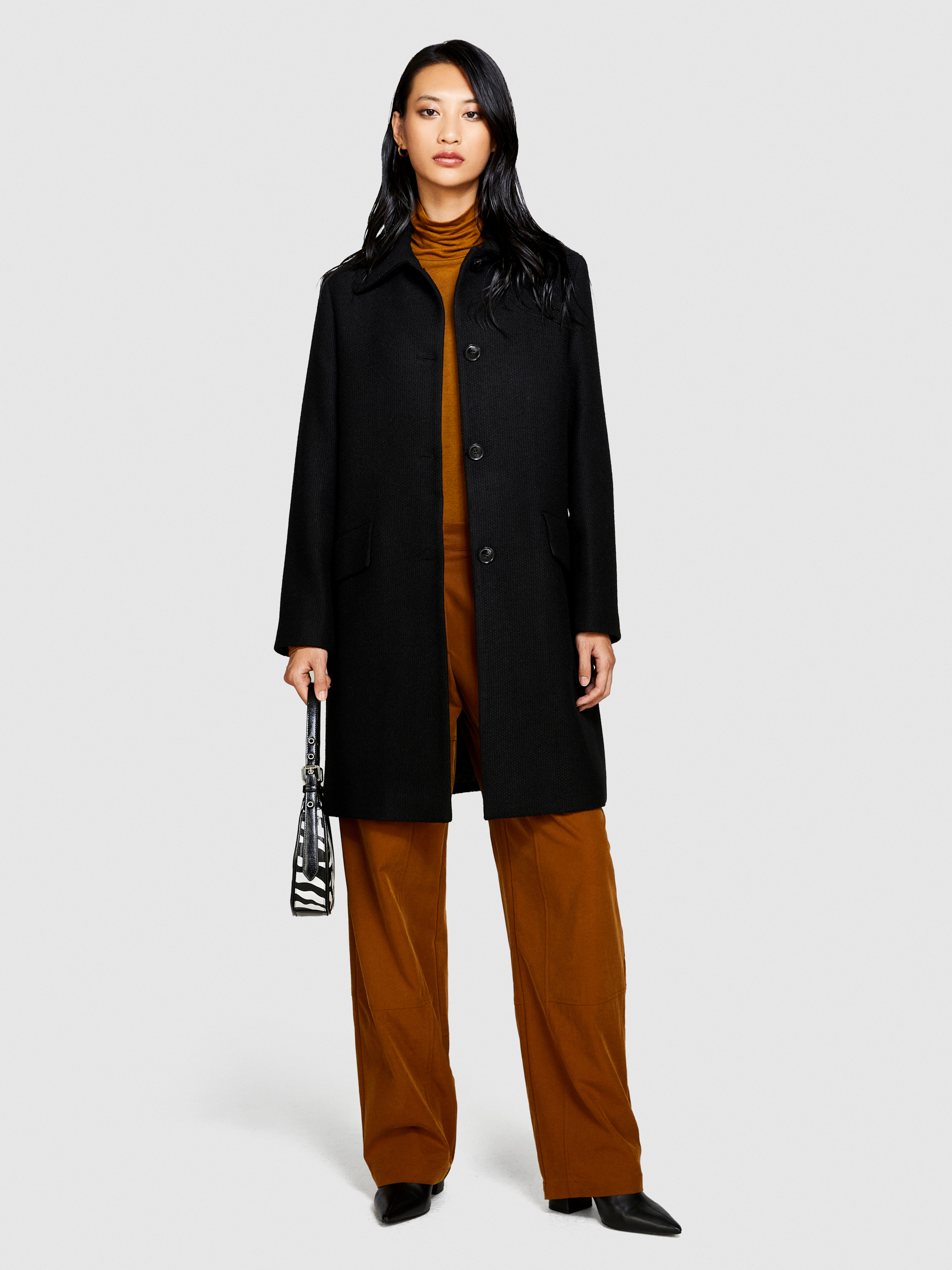 Sisley - Midi Boucle Coat, Woman, Black, Size: 38