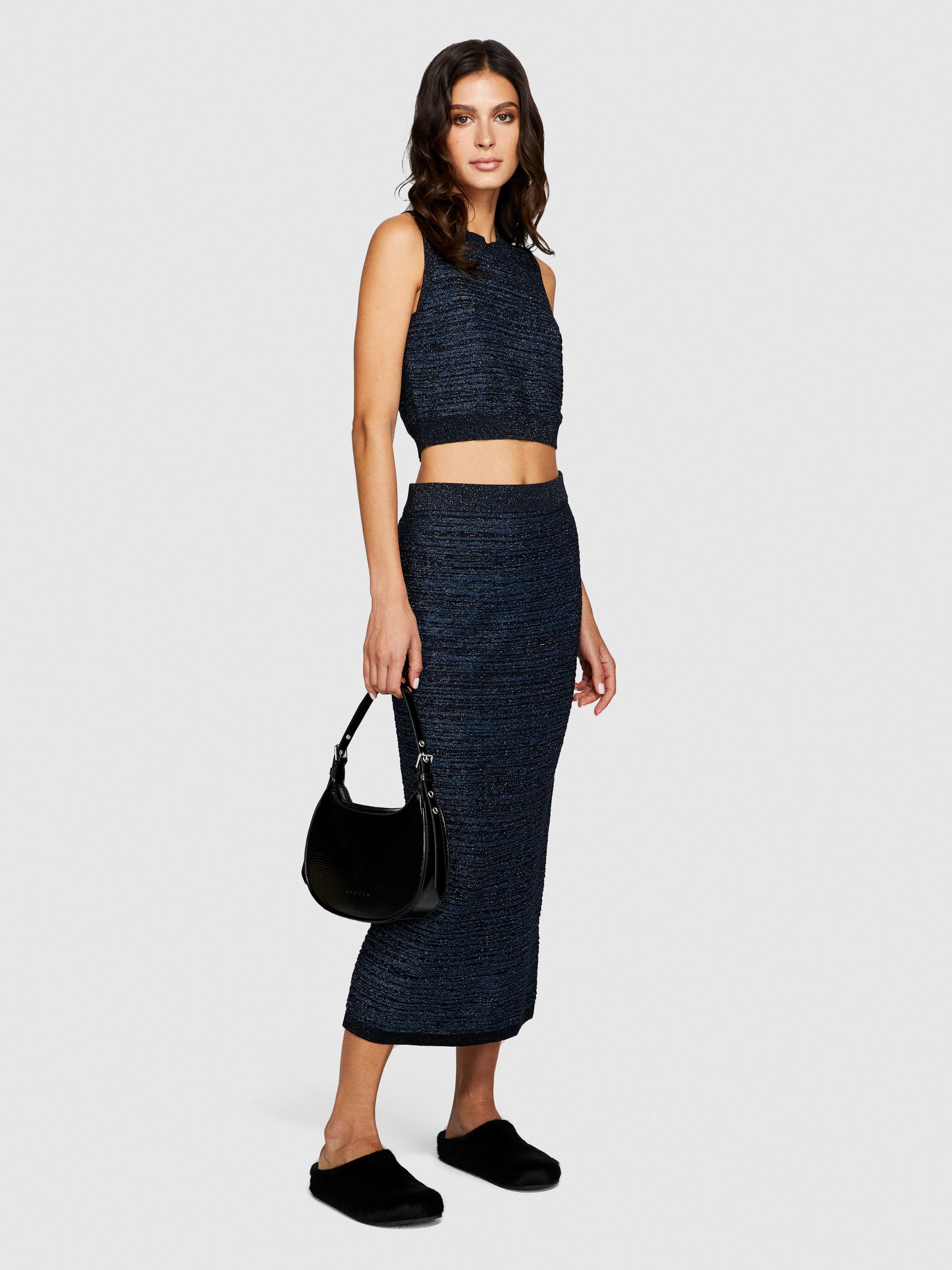 Sisley - Knit Midi Skirt With Lurex, Woman, Dark Blue, Size: S