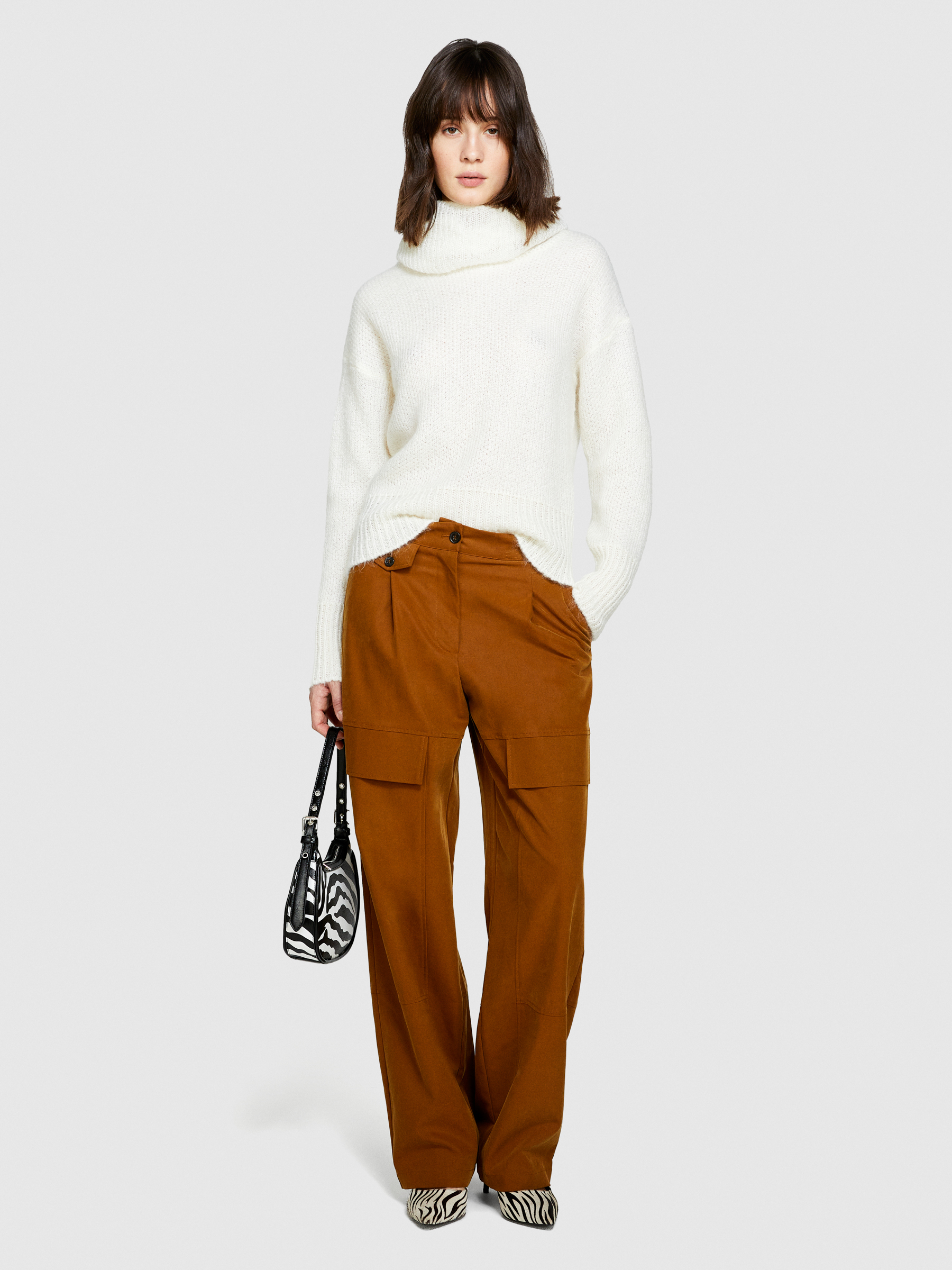 Sisley - Sweater With Maxi Collar, Woman, Creamy White, Size: L