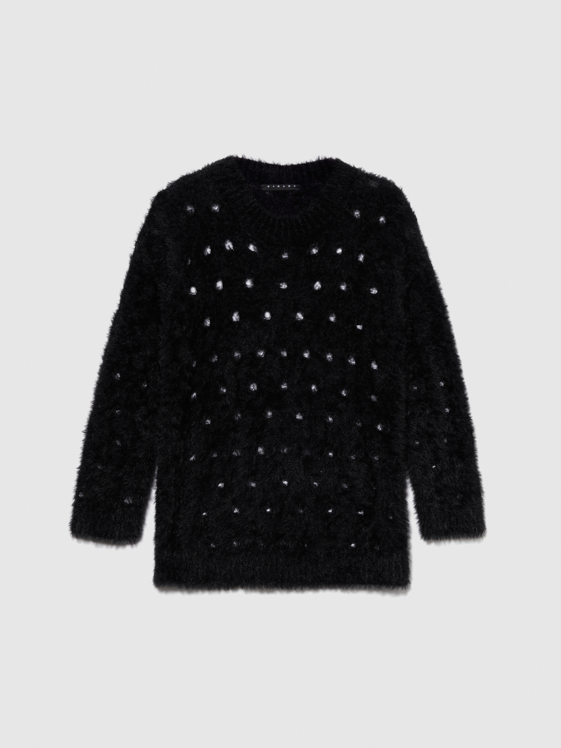 Sisley Young - Fluffy Open-knit Sweater, Woman, Black, Size: XS