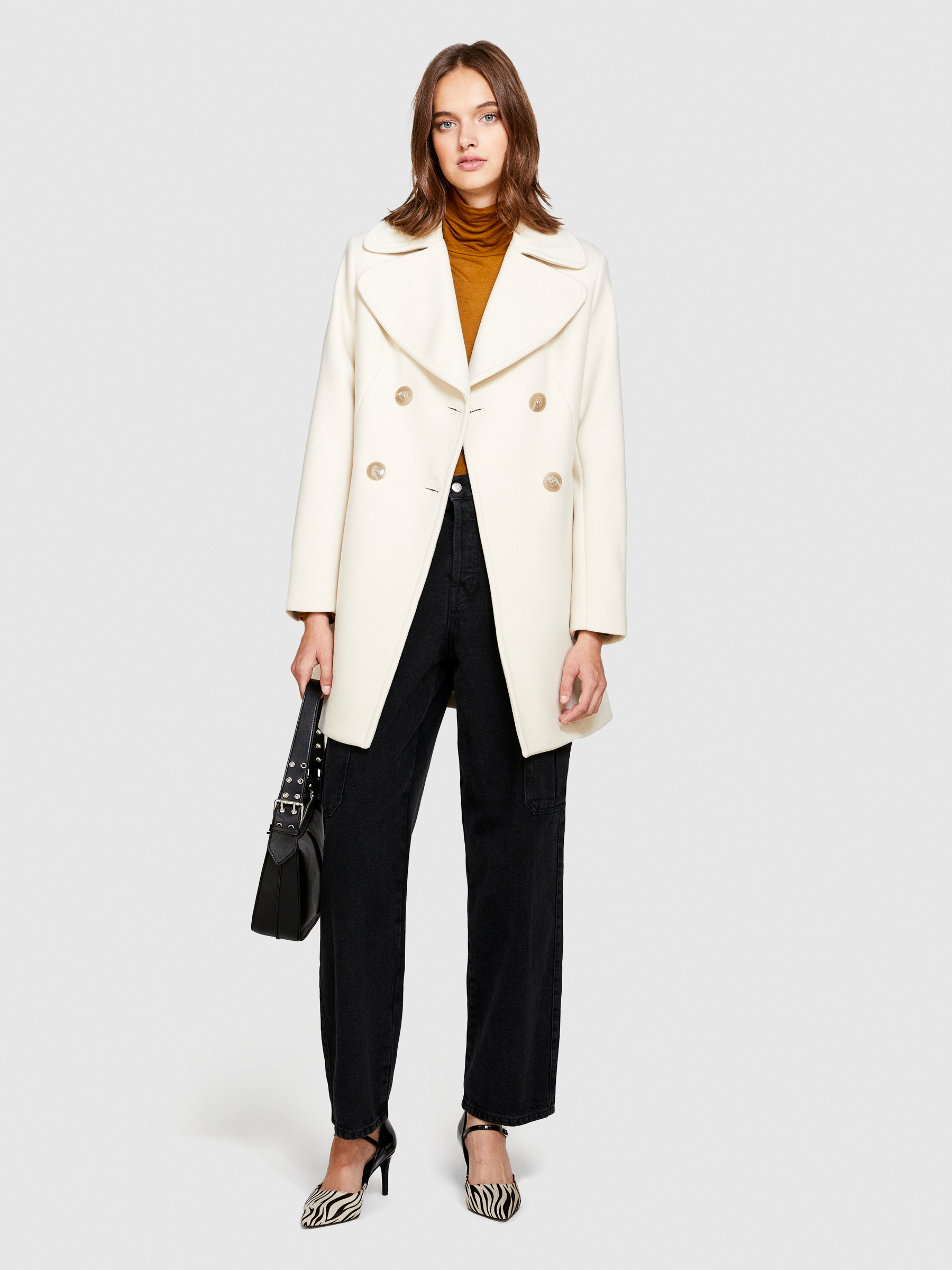 Sisley - Short Double-breasted Coat, Woman, Creamy White, Size: 44