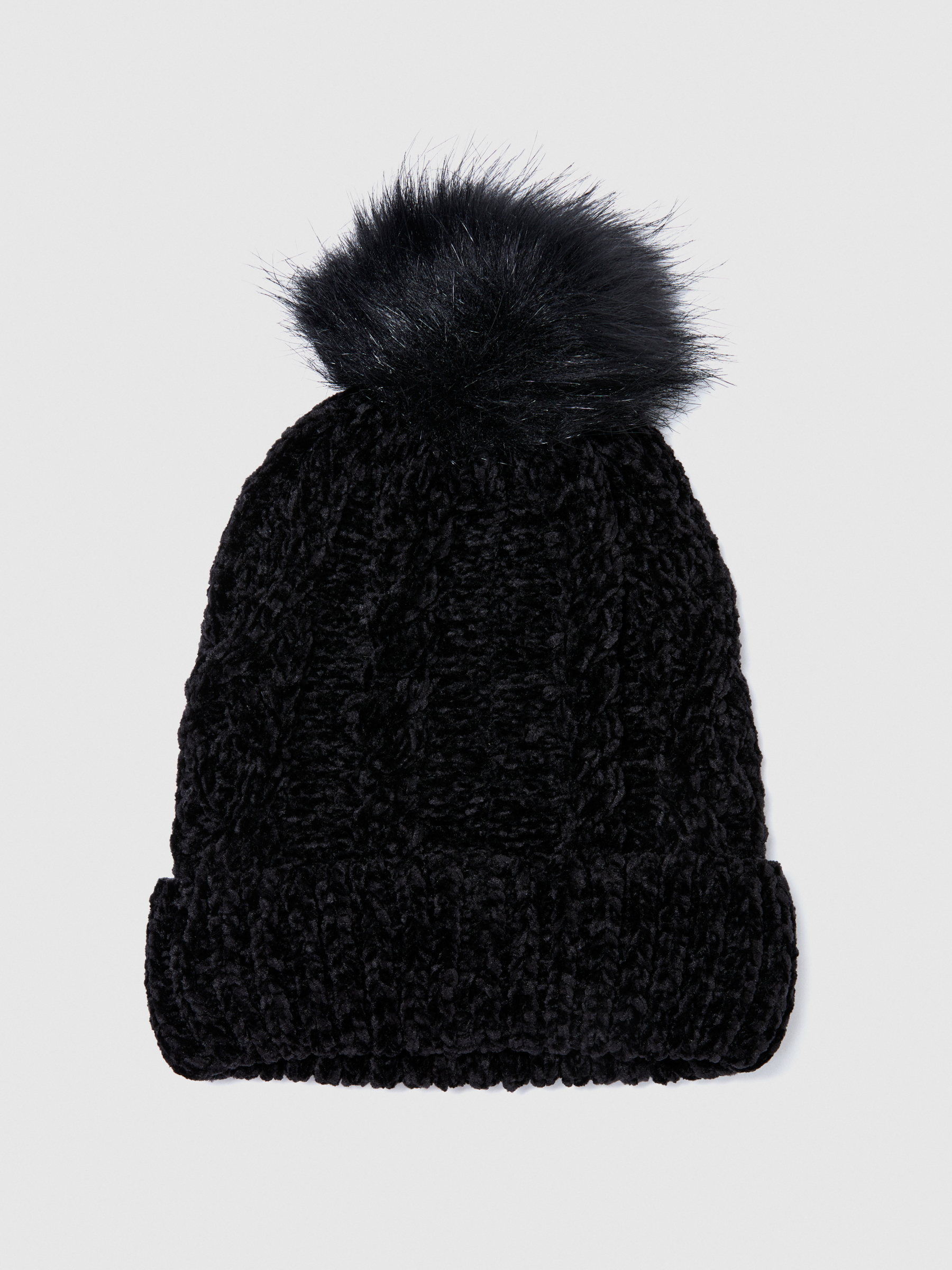 Sisley Young - Chenille Hat With Pom Pom, Woman, Black, Size: KL
