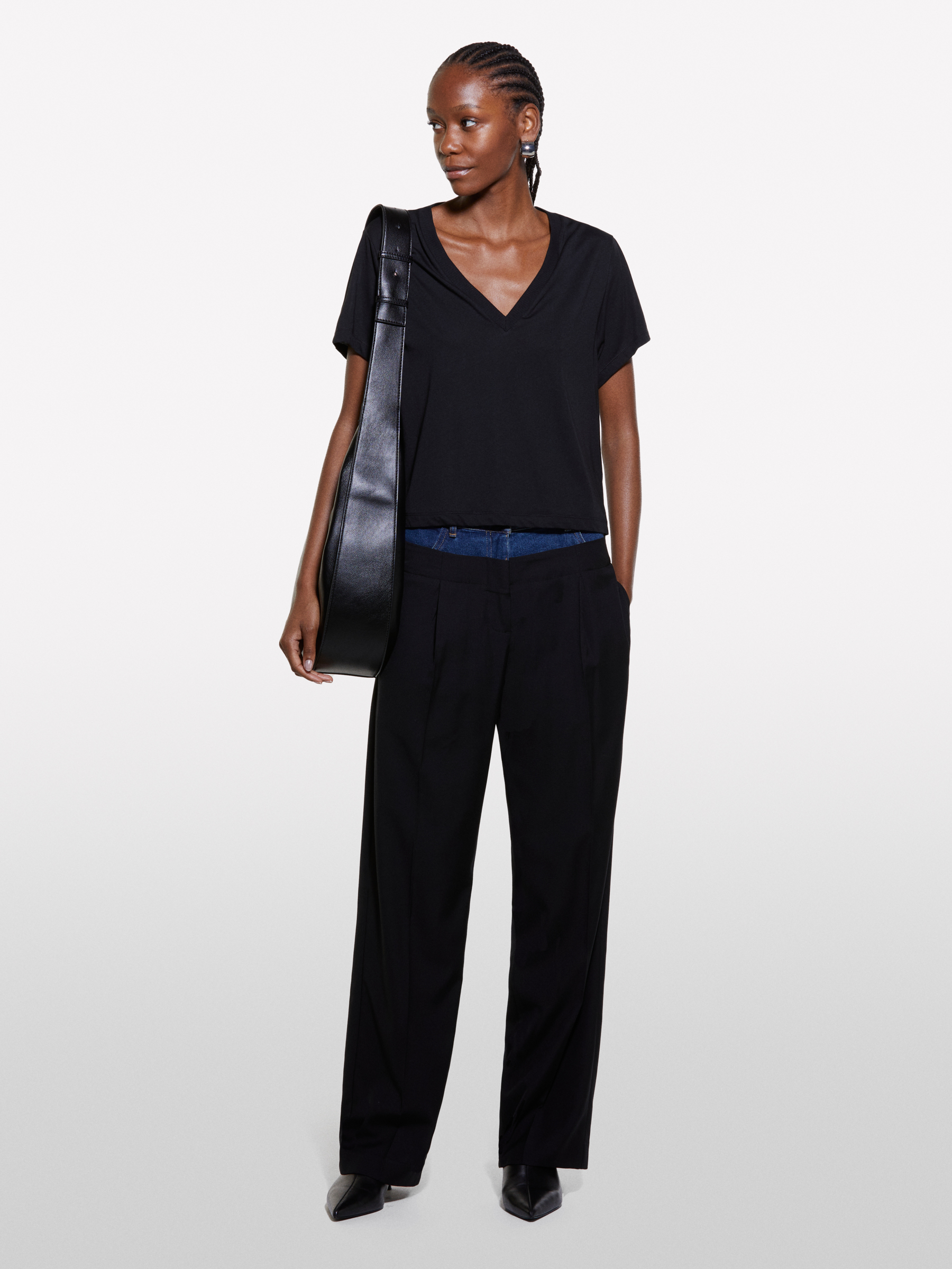 Sisley - T-shirt Noir À Col En V, Femme, Noir, Taille: XS