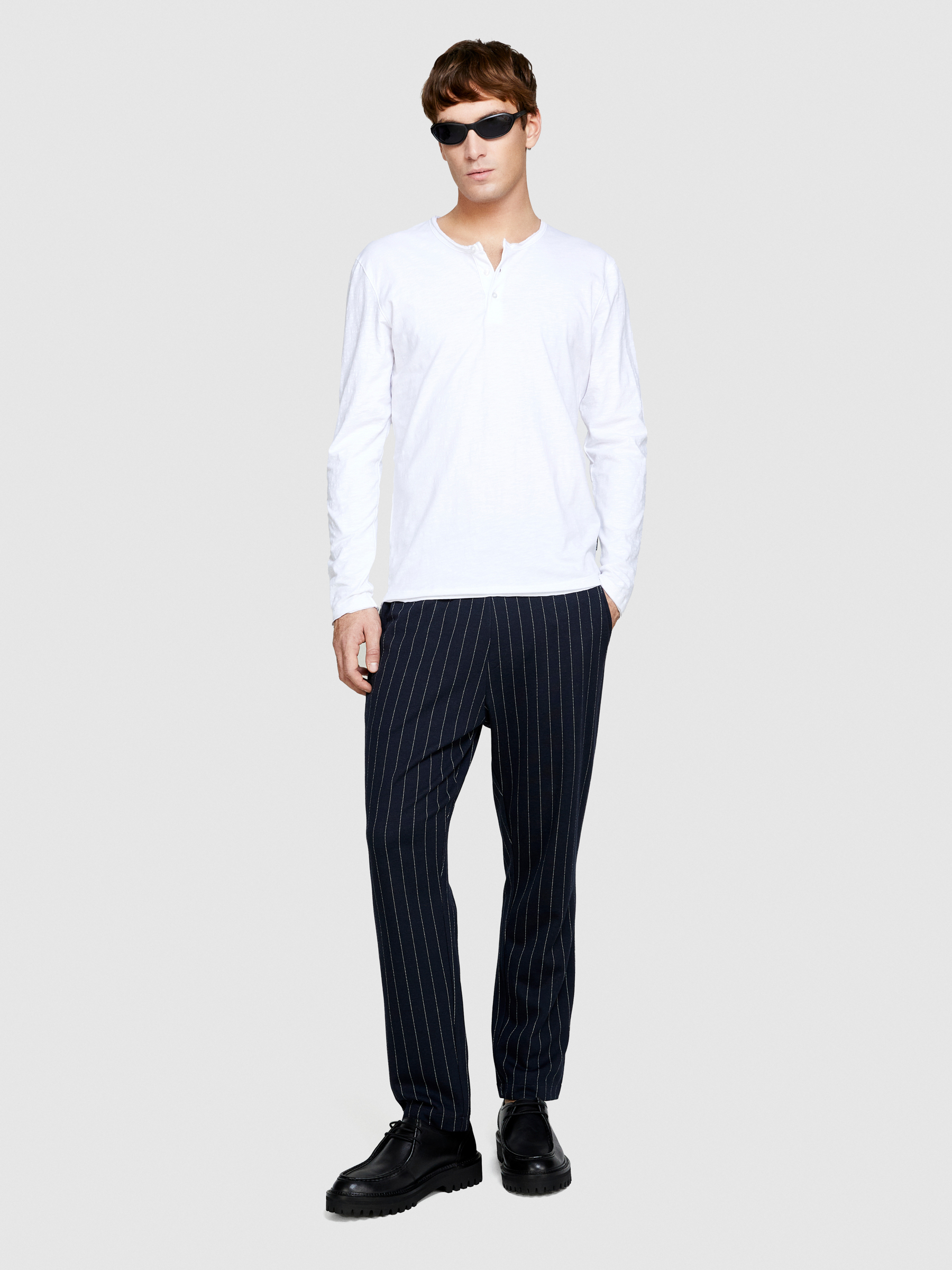 Sisley - T-shirt À Col Tunisien Et Manches Longues, Homme, Blanc, Taille: XL