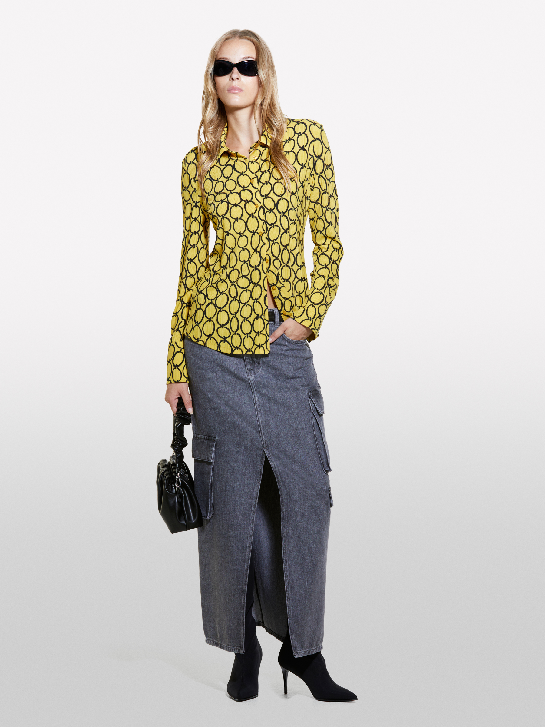 Sisley - Chemise Jaune Moutarde À Bords-côtes Imprimés, Femme, Moutarde, Taille: XS