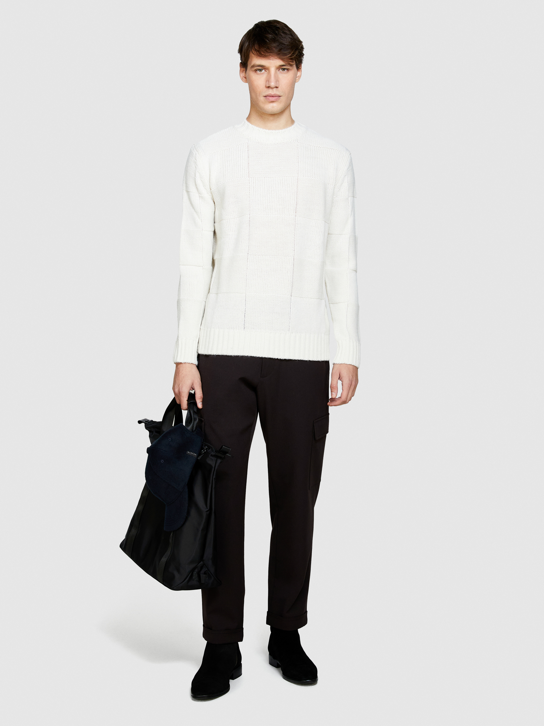 Sisley - Knit Sweater With Check, Man, White, Size: XL