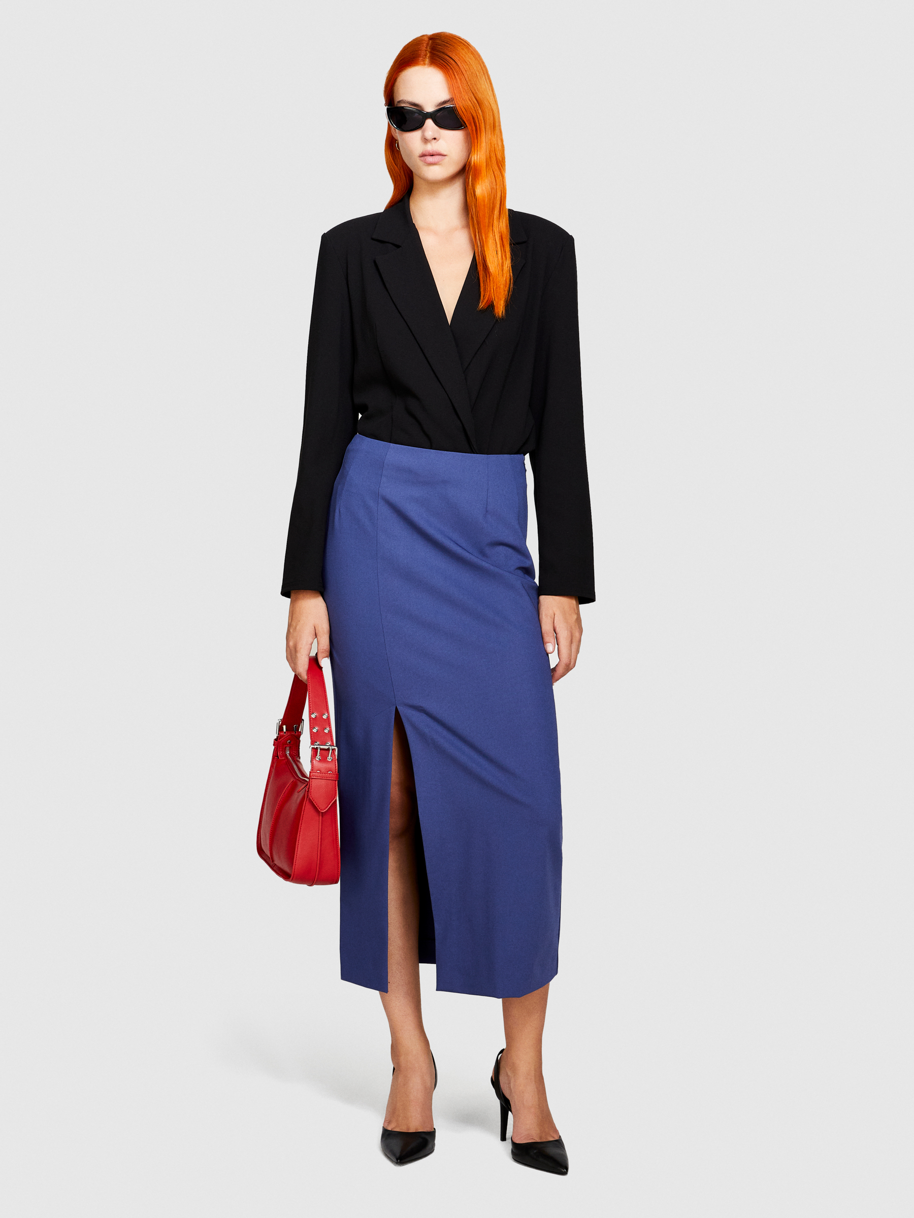 Sisley - Midi Skirt With Slit, Woman, Dark Blue, Size: 38