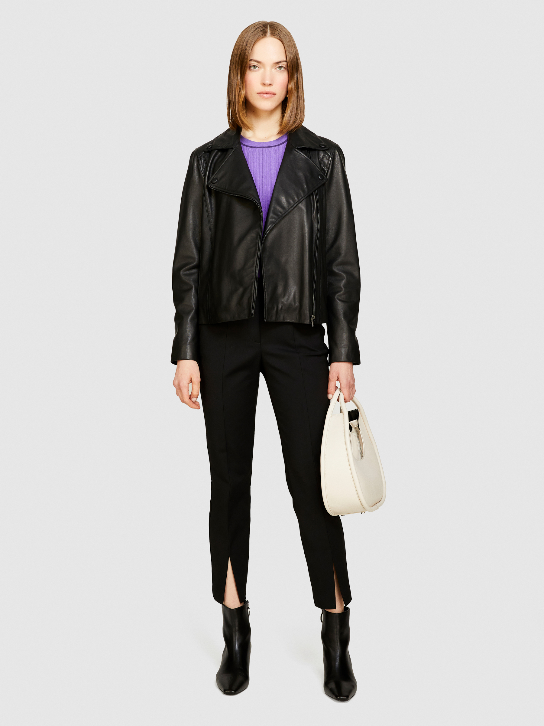 Sisley - 100% Leather Biker Jacket, Woman, Black, Size: 46