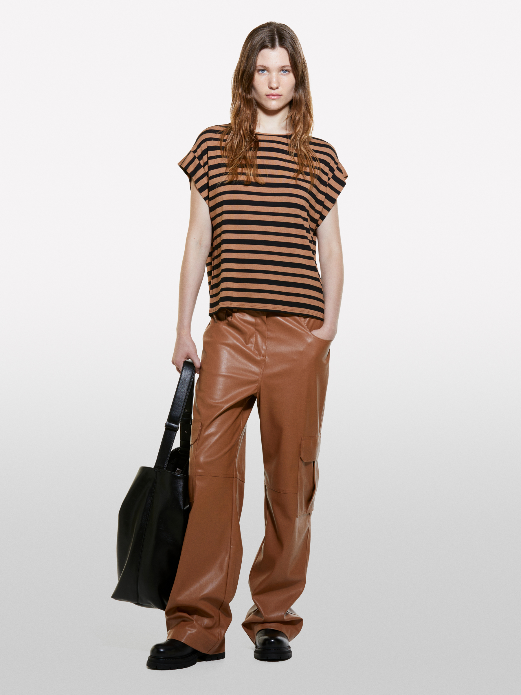 Sisley - T-shirt À Rayures Marron Et Noires, Femme, Camel, Taille: XS