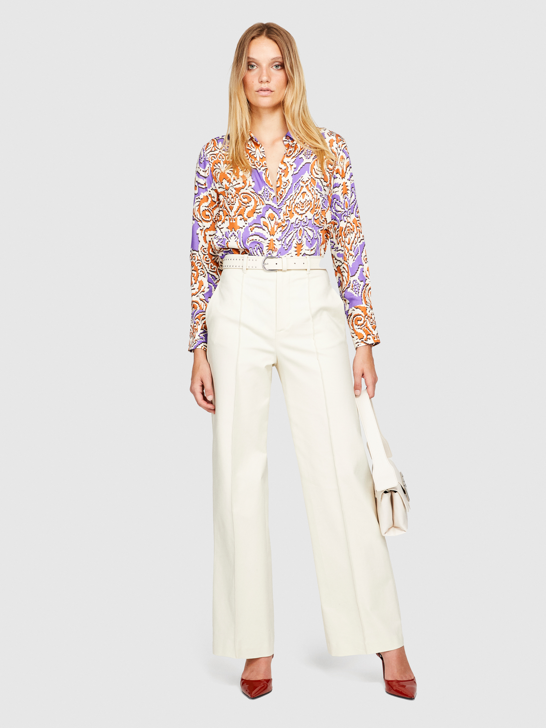 Sisley - High-waisted Satin Trousers, Woman, Creamy White, Size: 38