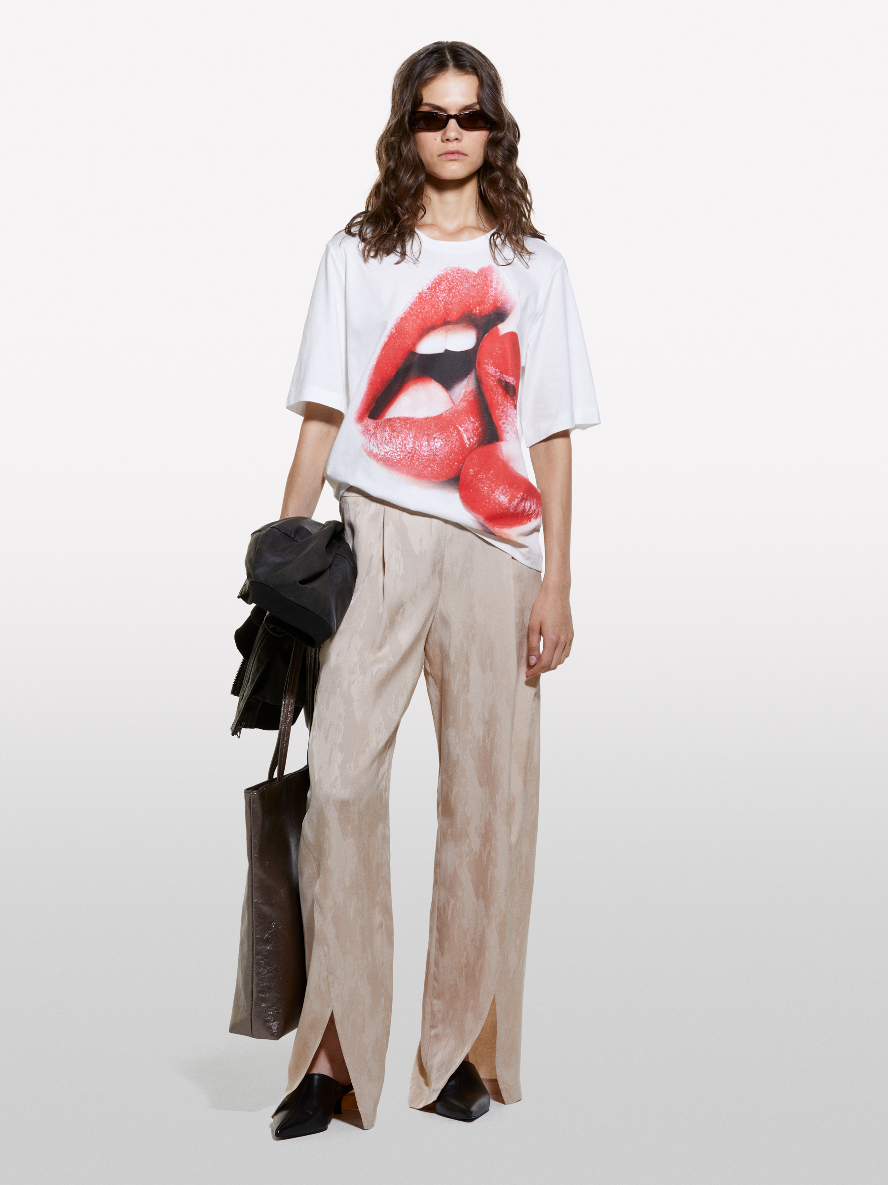 Sisley - T-shirt Boy Fit En 100 % Coton Bio À Imprimé Lèvres, Femme, Blanc, Taille: XS