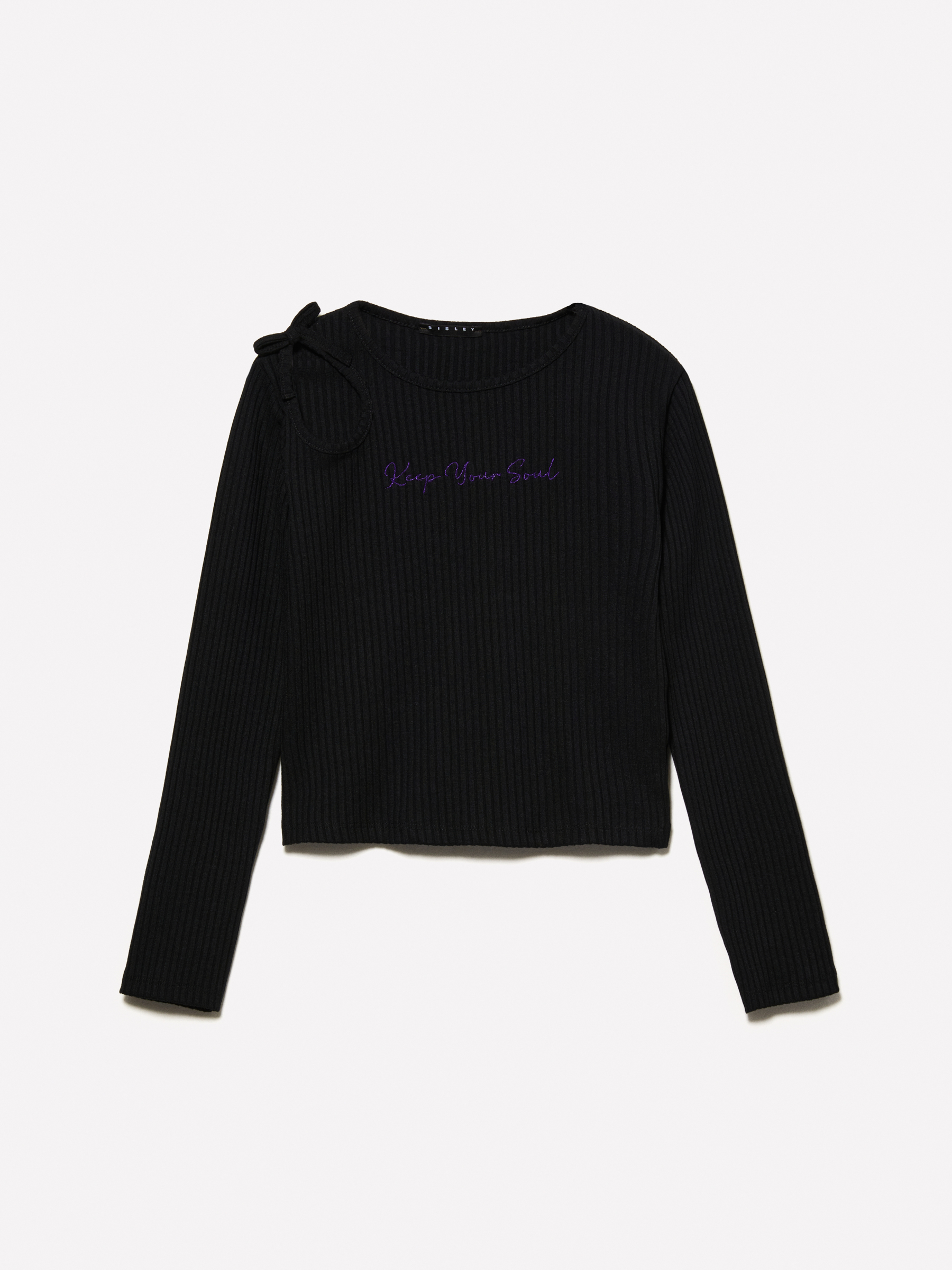 Sisley Young - T-shirt Noir Côtelé À Broderie Et Découpes, Femme, Noir, Taille: XS