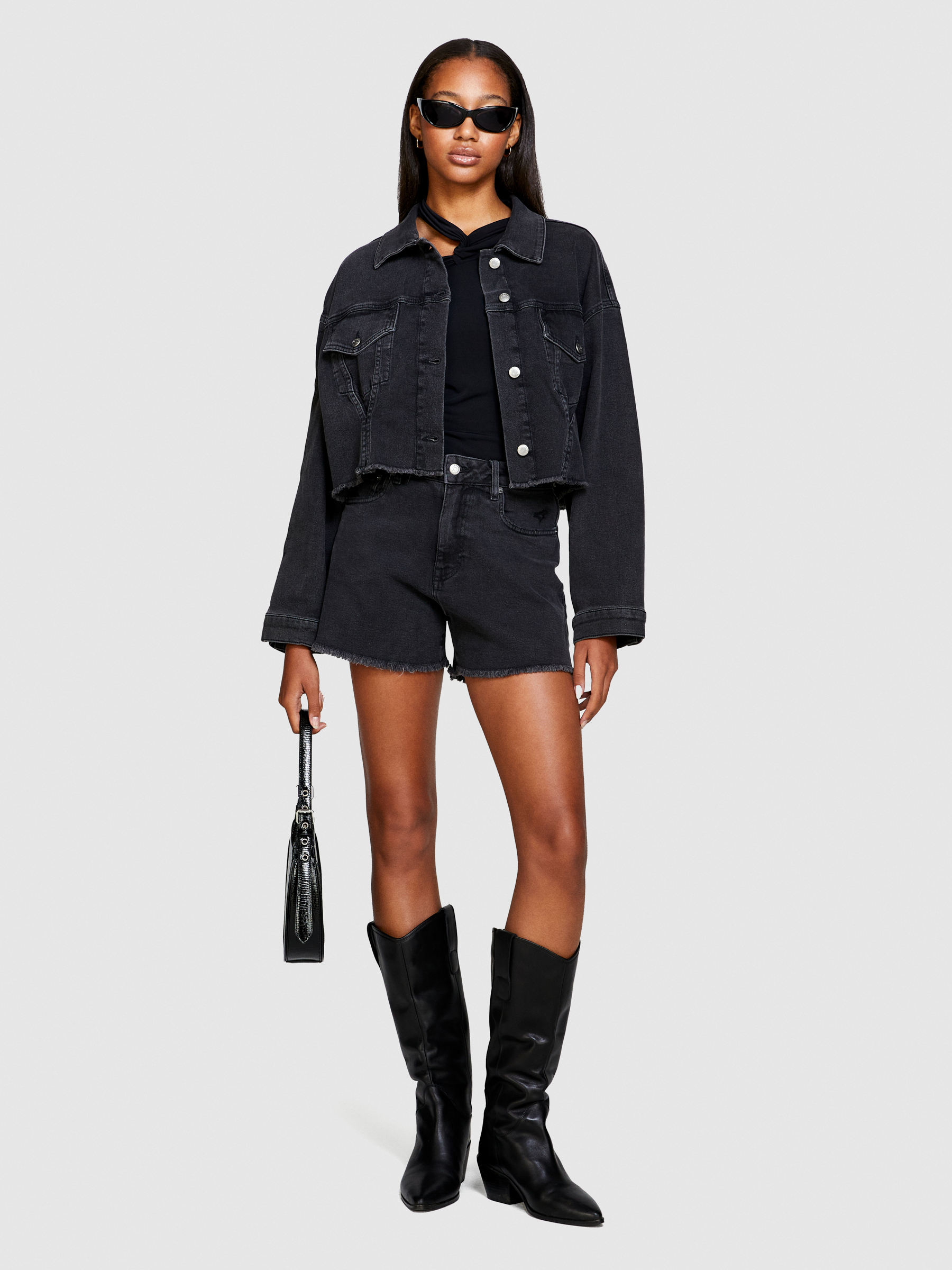 Sisley - Flared Jean Shorts, Woman, Black, Size: 26