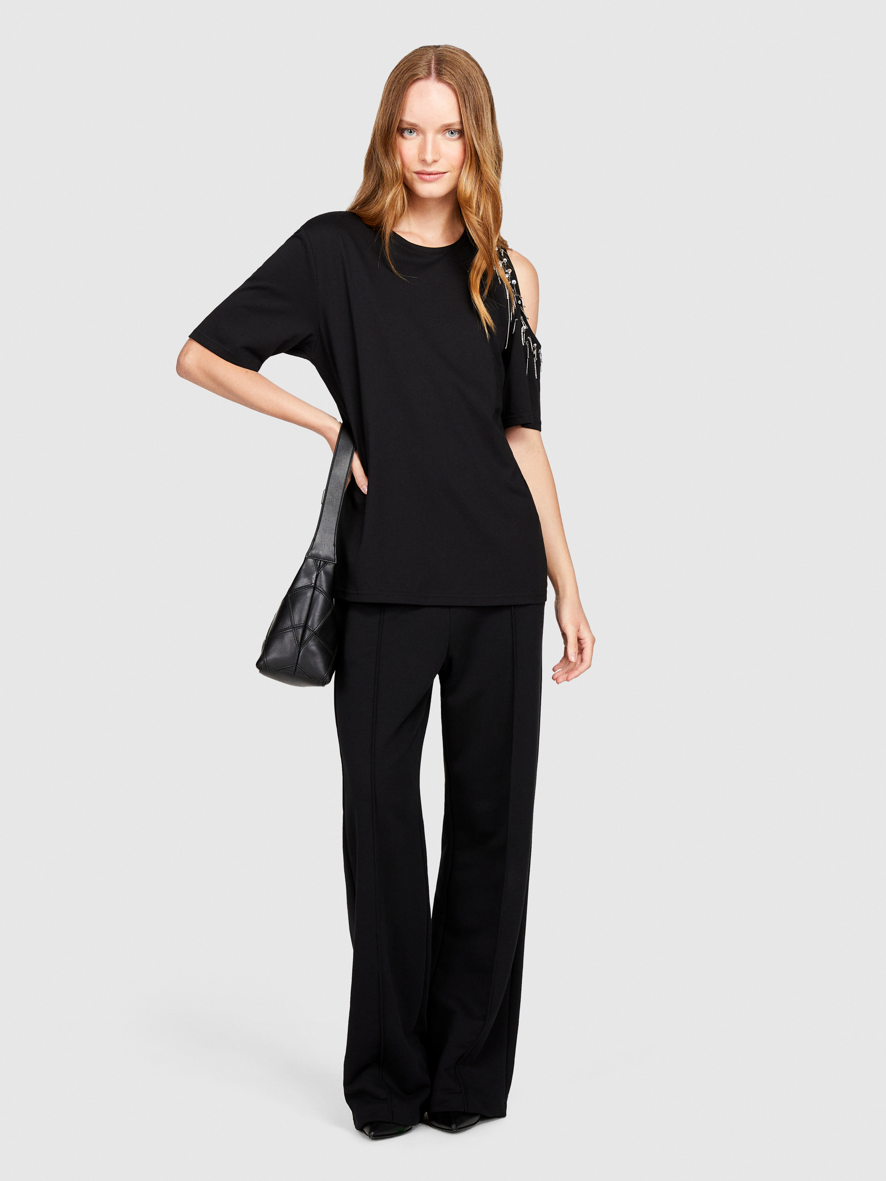 Sisley - T-shirt With Porthole, Woman, Black, Size: L