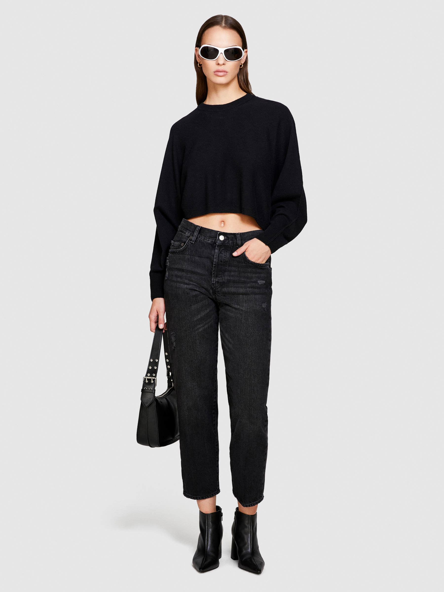 Sisley - Cropped Sweater, Woman, Black, Size: XS