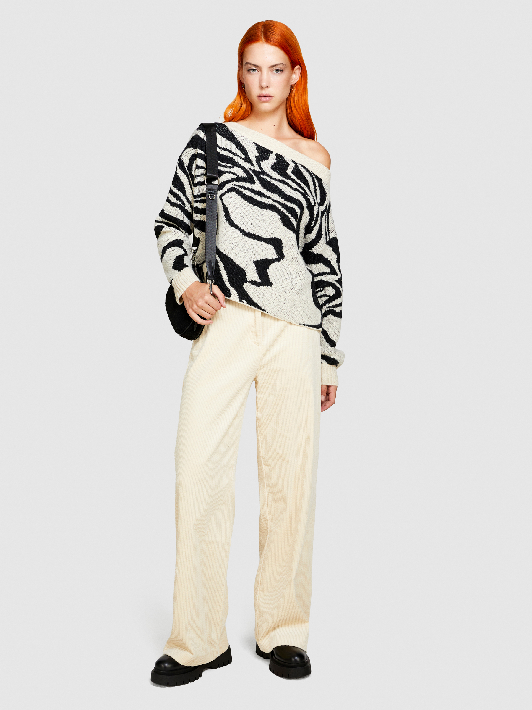 Sisley - Zebra-striped Sweater, Woman, Creamy White, Size: L