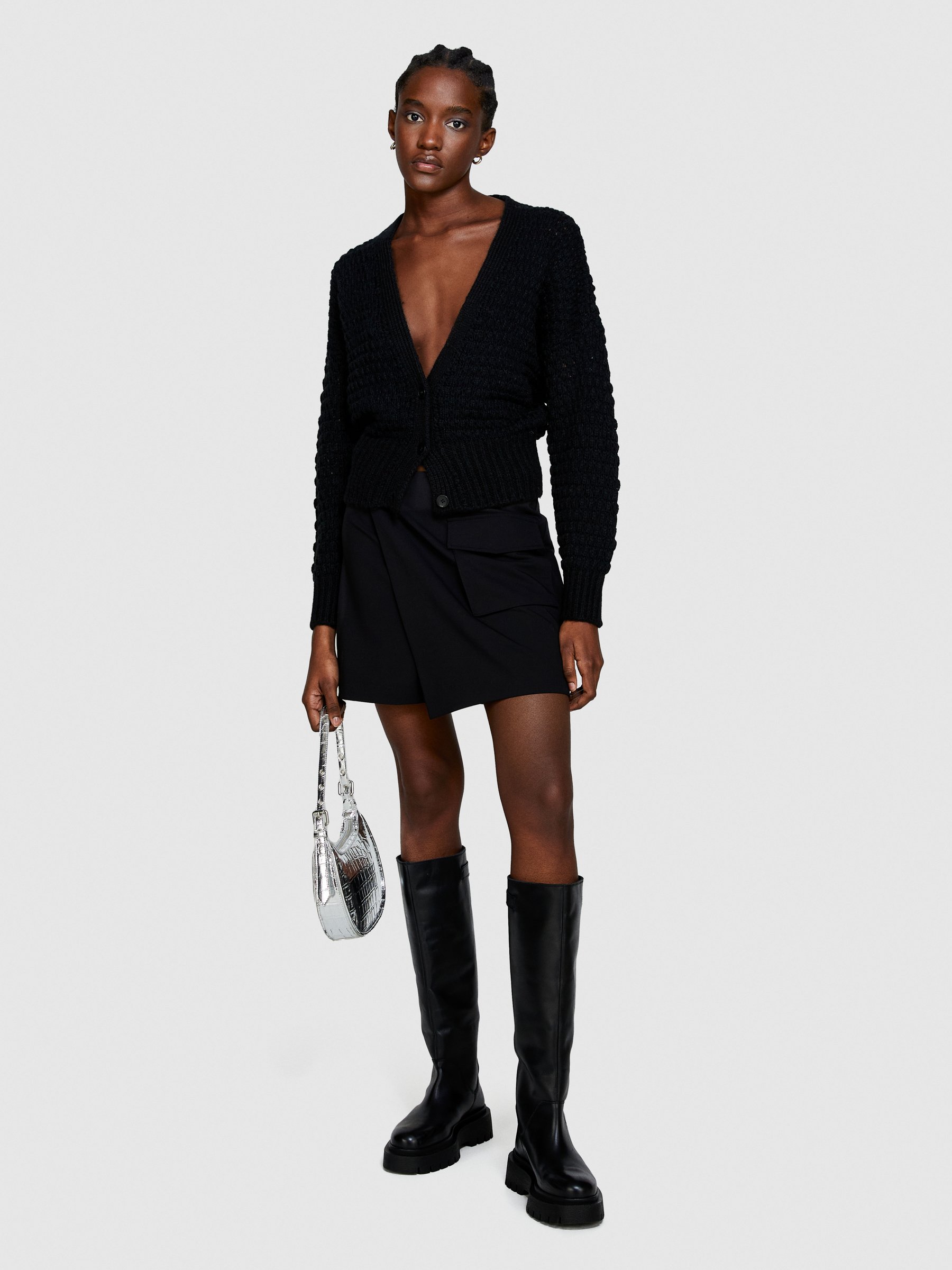 Sisley - 3d Knit Cardigan, Woman, Black, Size: XS
