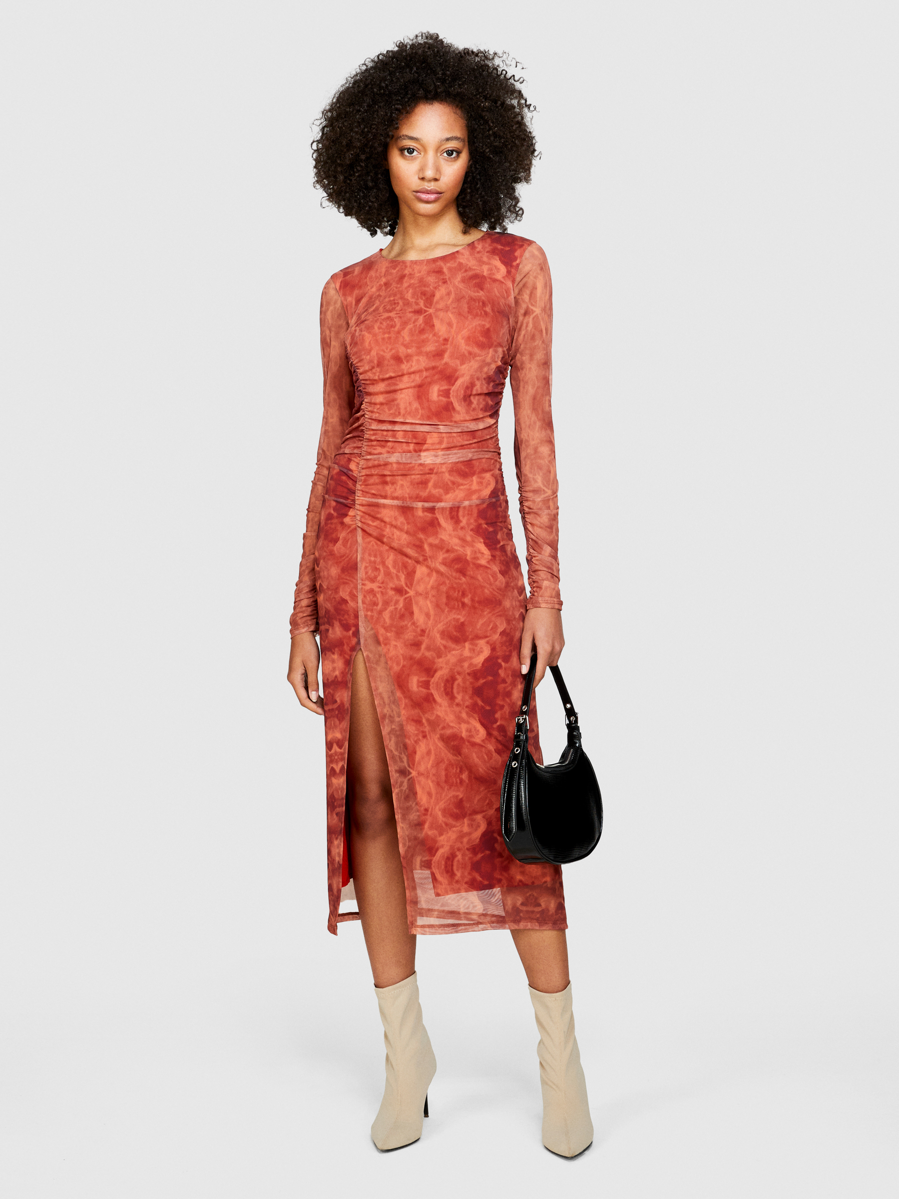 Sisley - Tulle Dress With Rouching, Woman, Orange, Size: XS