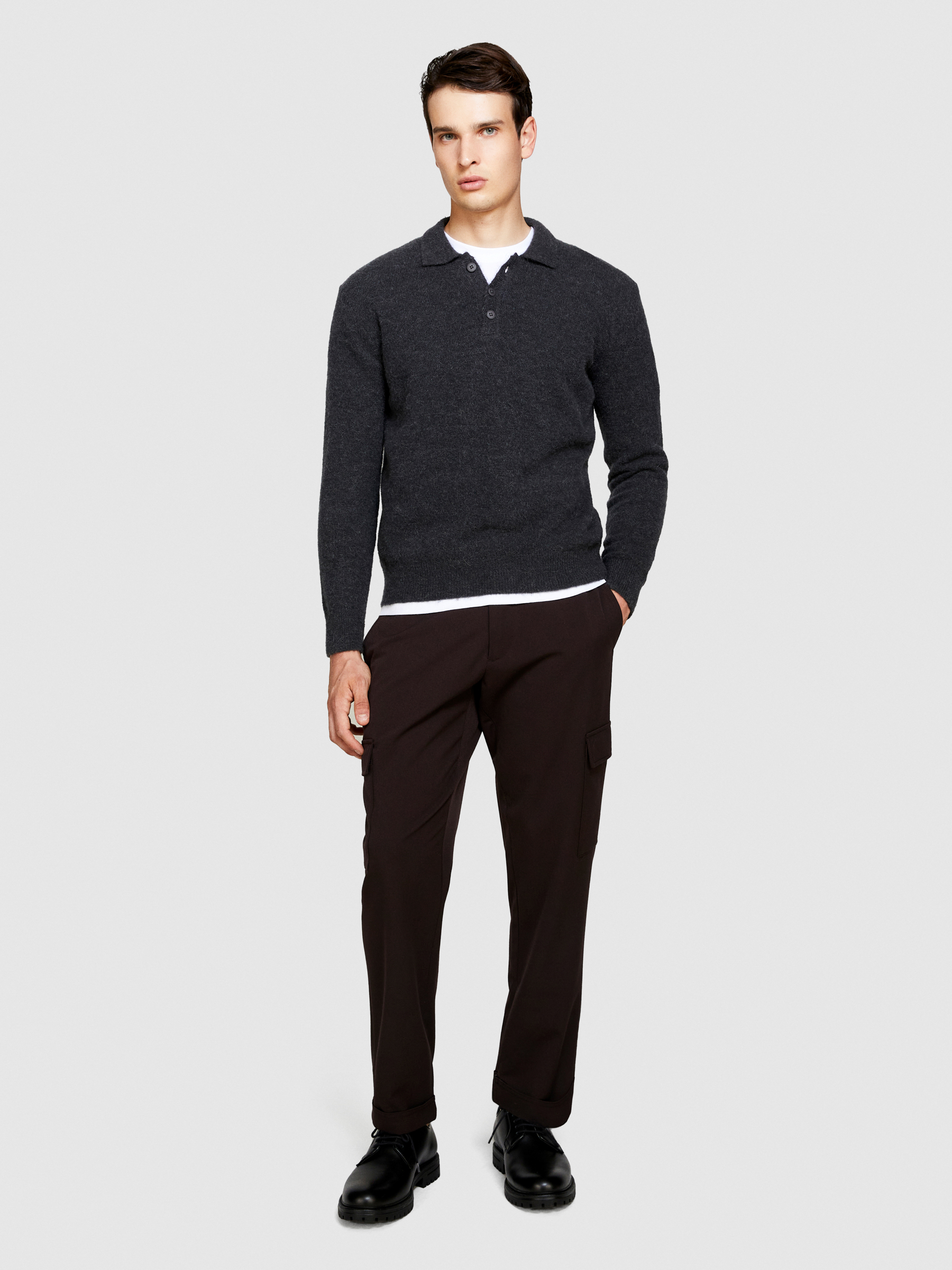 Sisley - Regular Fit Polo Sweater, Man, Dark Gray, Size: S