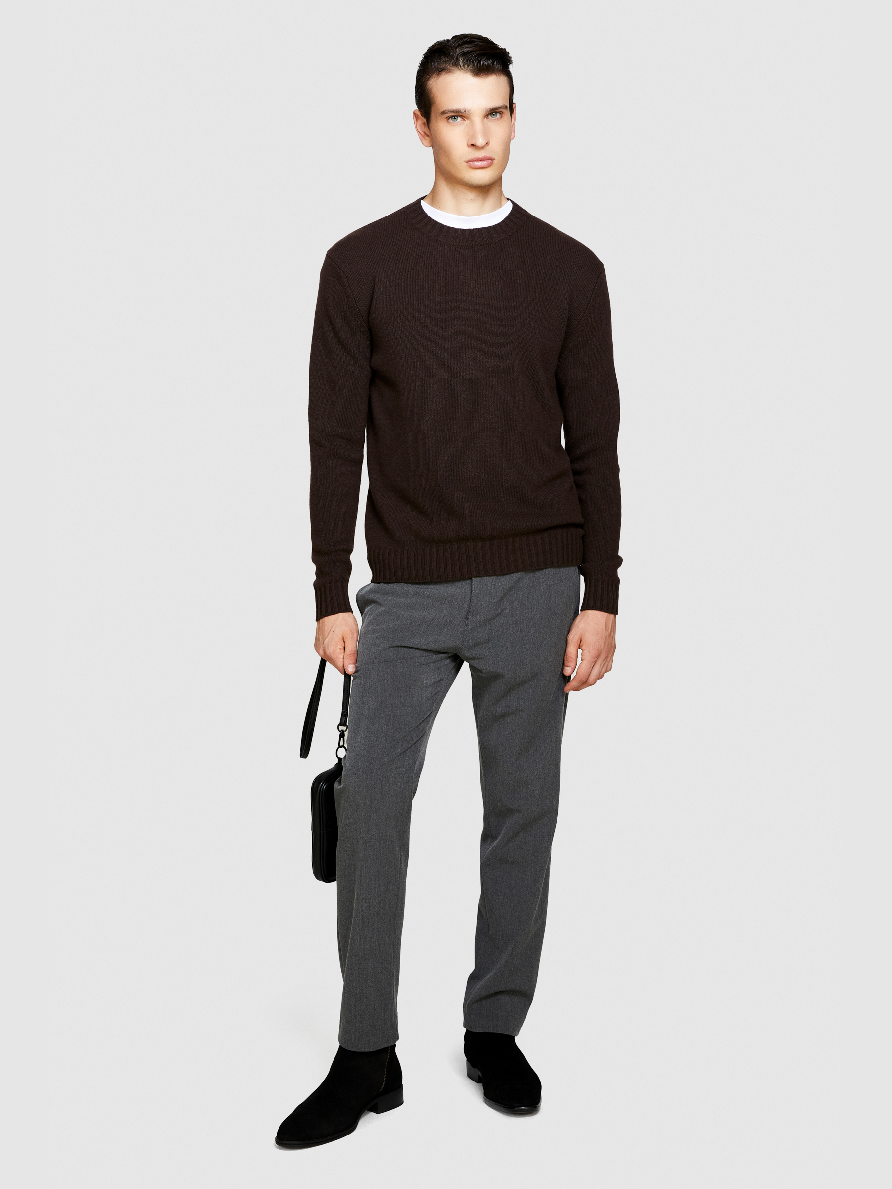 Sisley - Crew Neck Sweater In Wool Blend, Man, Dark Brown, Size: M
