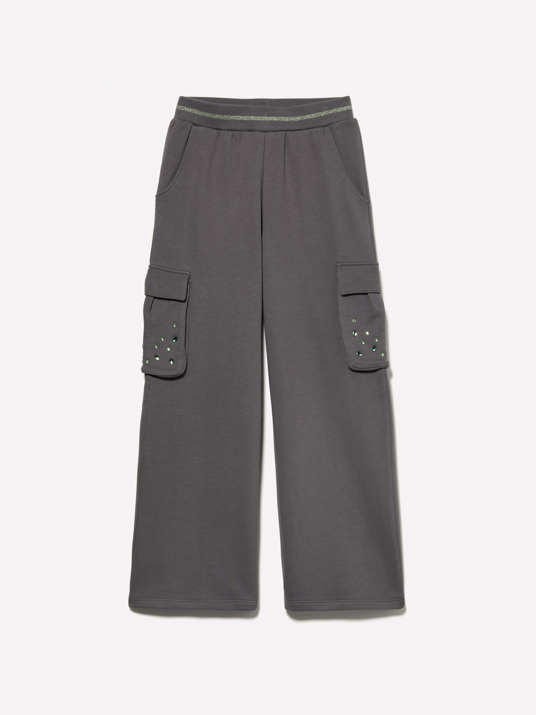 Sisley Young - Pantalon Palazzo Gris En Molleton À Strass, Femme, Gris Foncé, Taille: XS