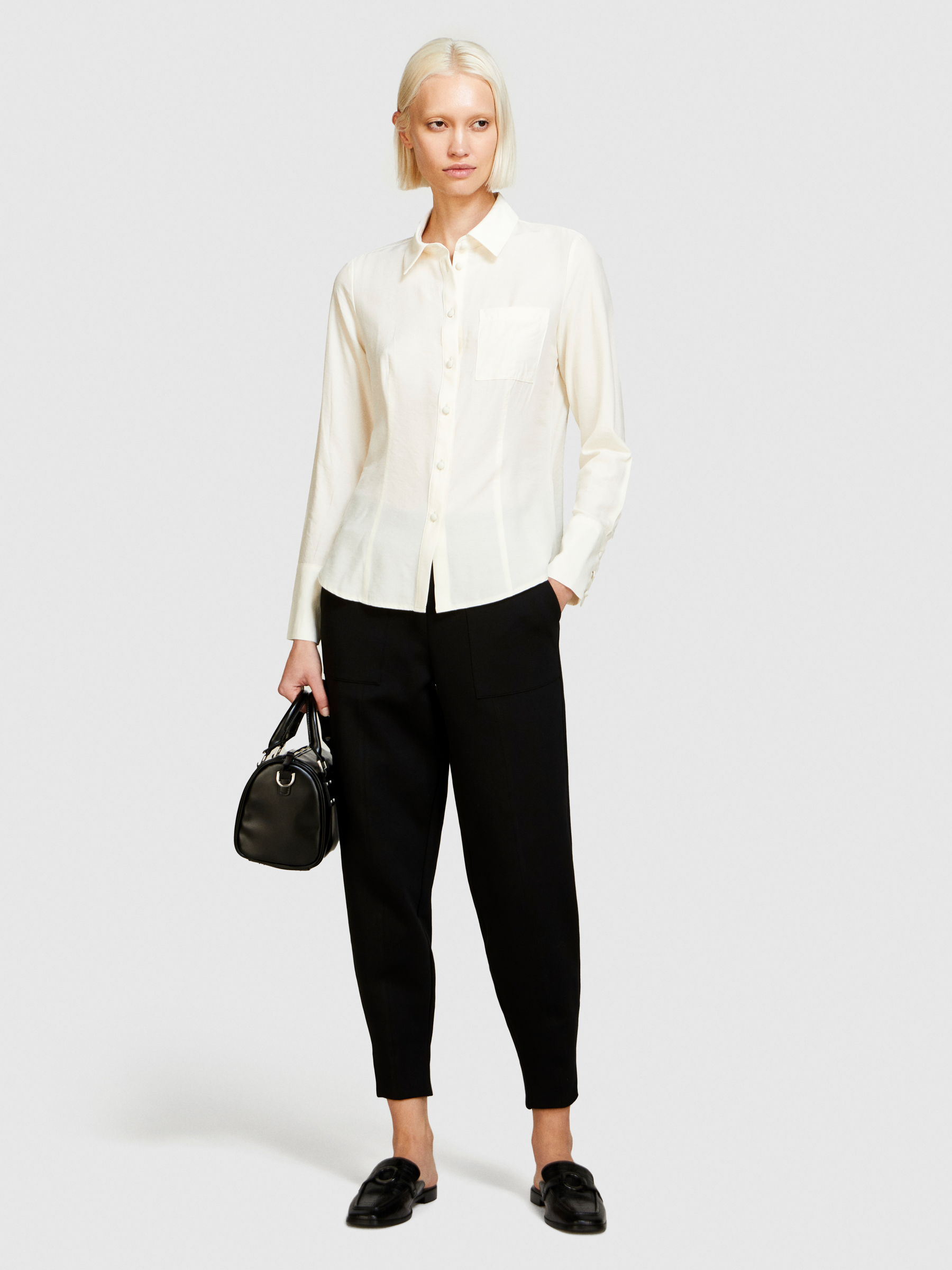 Sisley - Mixed Fabric Shirt, Woman, Creamy White, Size: L