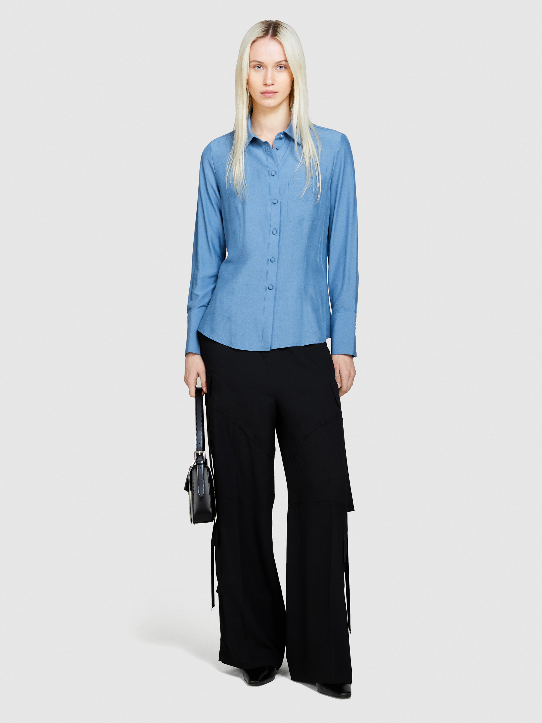 Sisley - Mixed Fabric Shirt, Woman, Light Blue, Size: XS