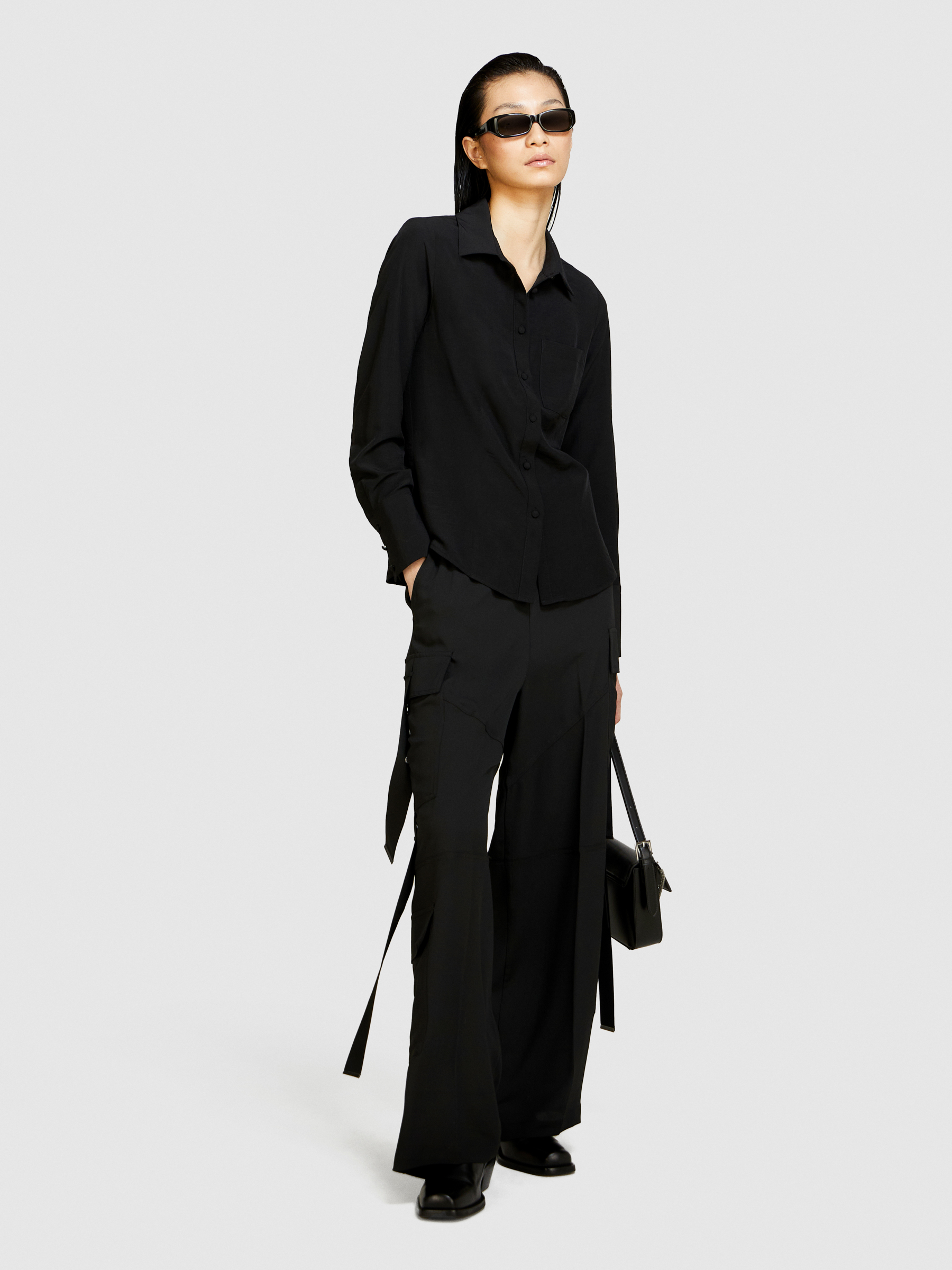 Sisley - Mixed Fabric Shirt, Woman, Black, Size: S
