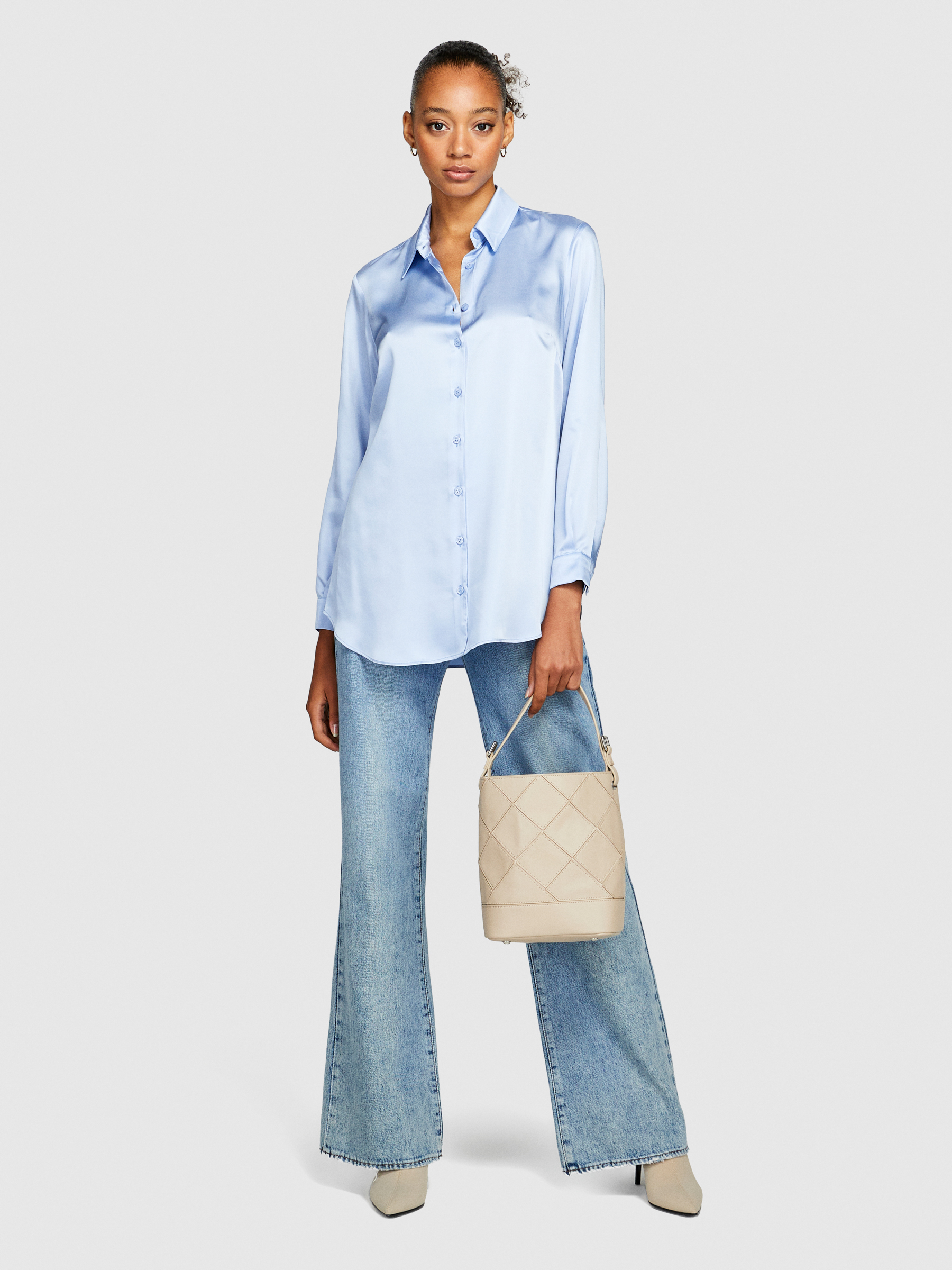 Sisley - Satin Shirt, Woman, Light Blue, Size: M
