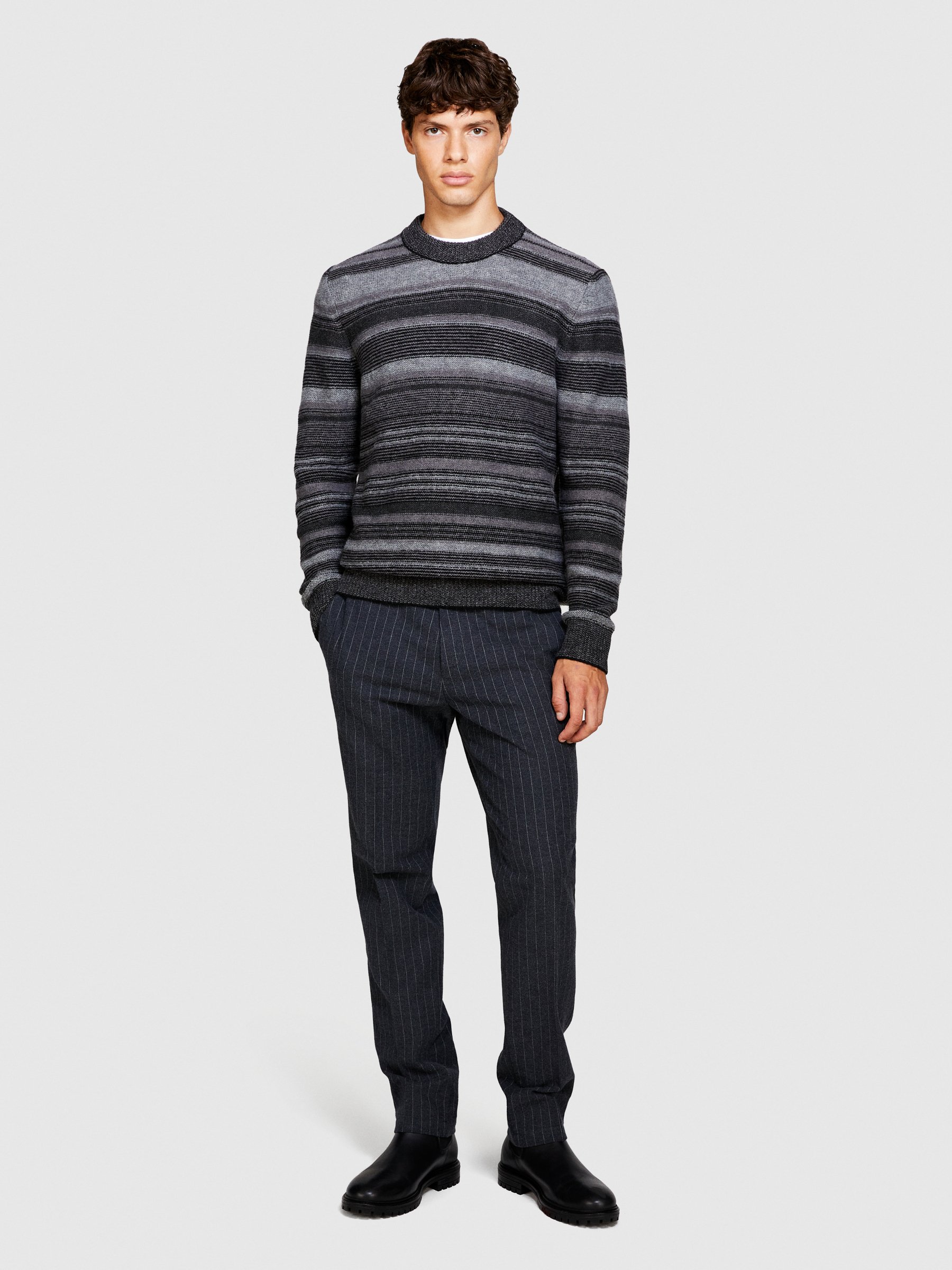 Sisley - Striped Sweater, Man, Dark Gray, Size: EL
