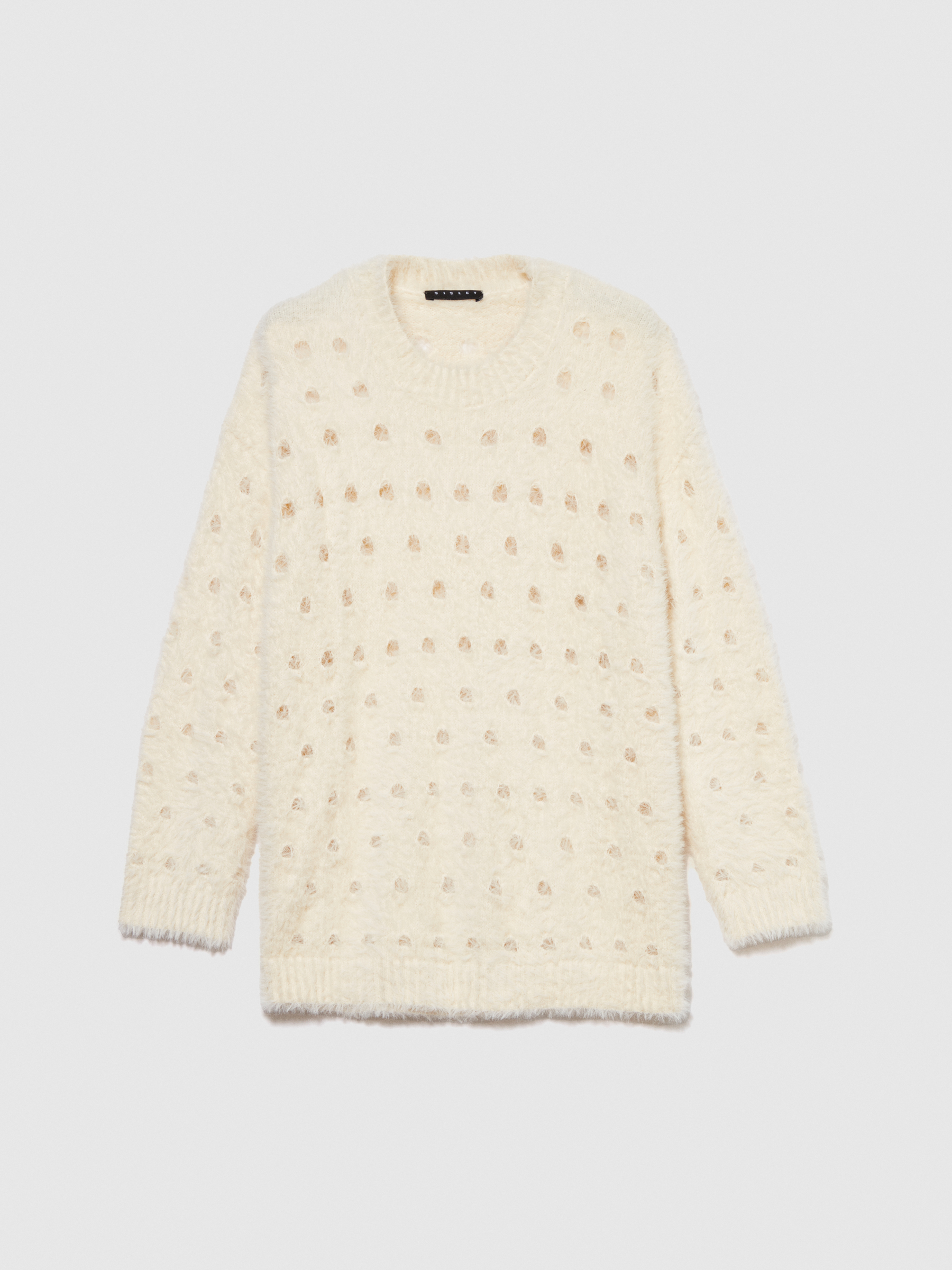 Sisley Young - Fluffy Open-knit Sweater, Woman, Creamy White, Size: L